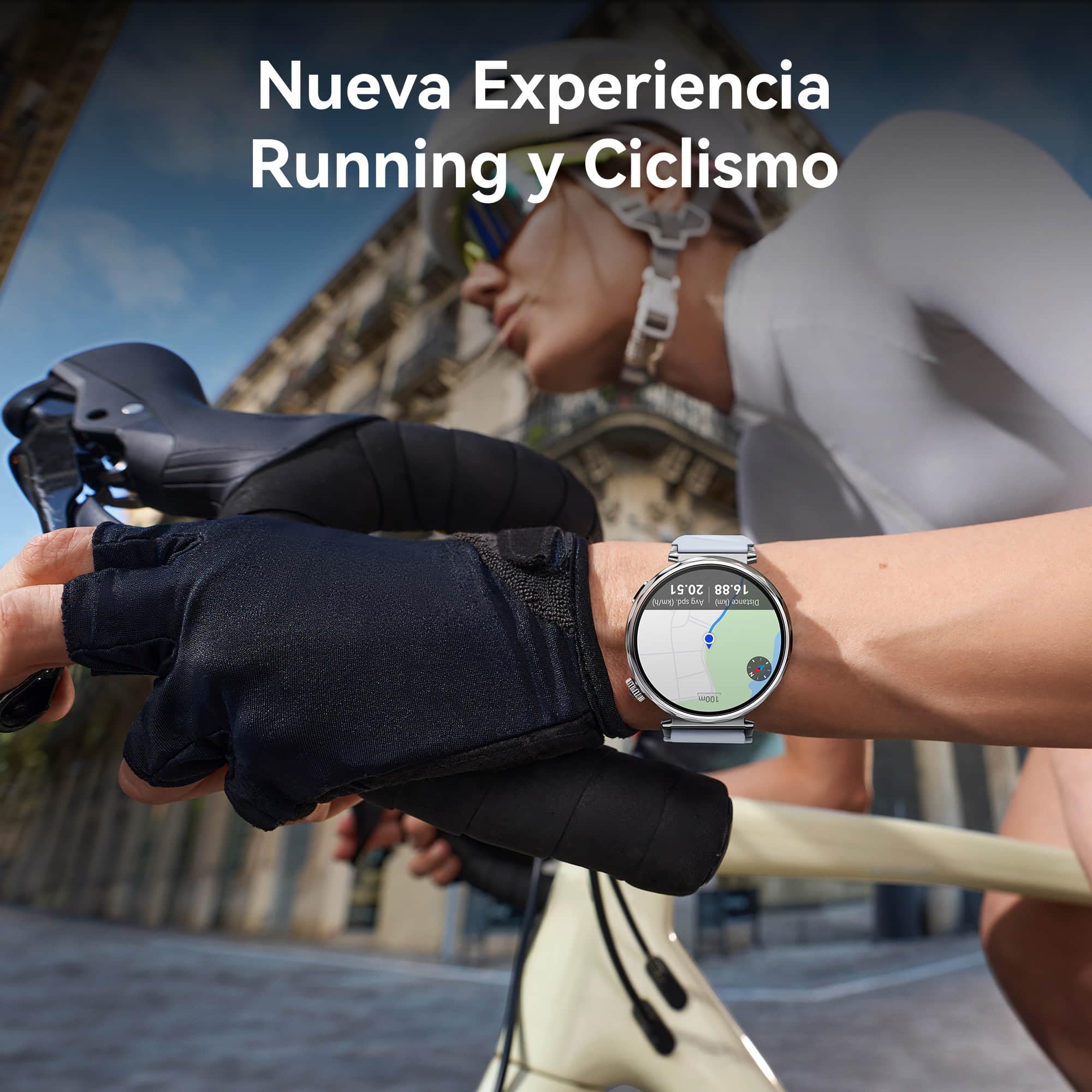 HUAWEI Watch GT 5 mostrando navegación y métricas de ciclismo en la muñeca.