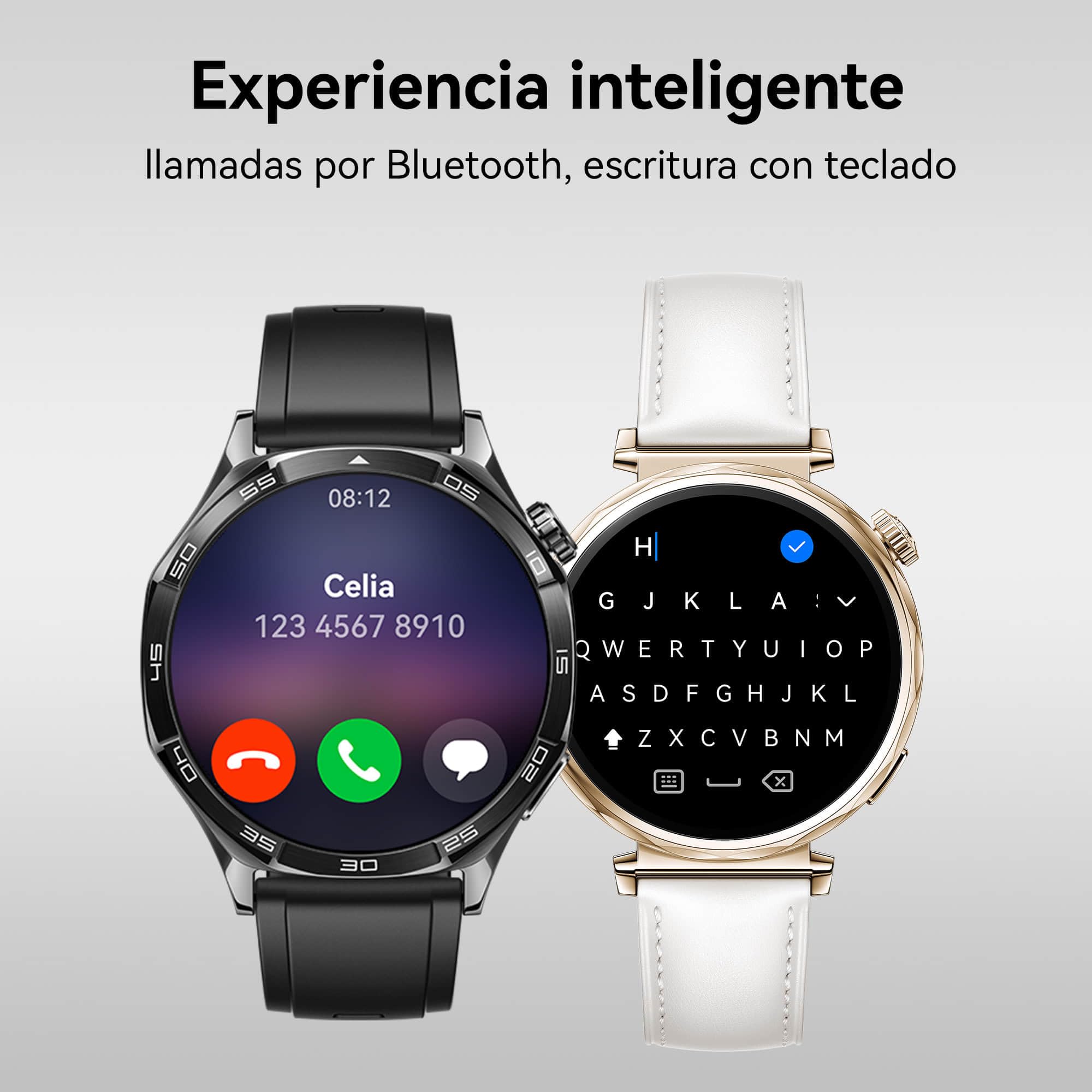 Dos HUAWEI Watch GT 5 mostrando funciones de llamadas Bluetooth y teclado en pantalla.