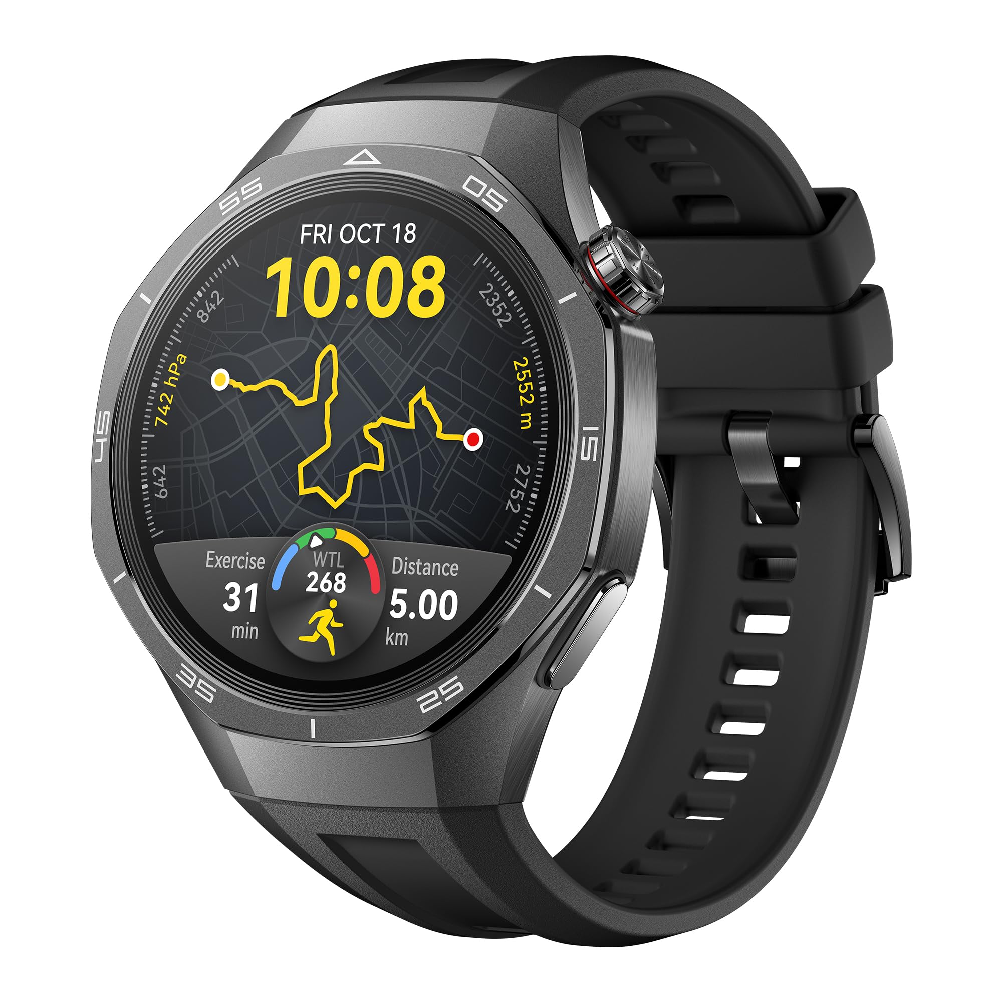 HUAWEI Watch GT 5 46mm negro con pantalla mostrando ruta de running, métricas deportivas y mapa GPS en tiempo real.