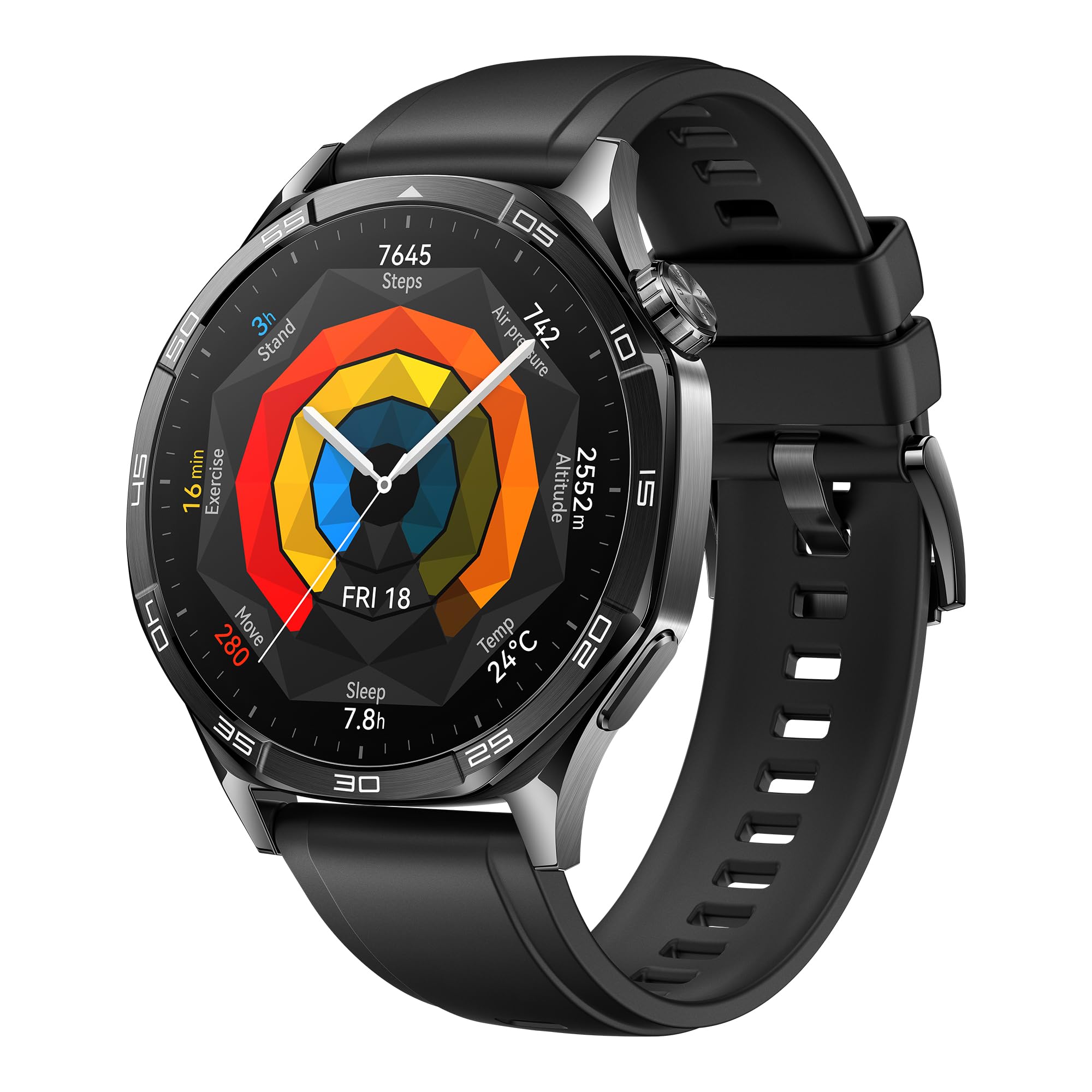 Smartwatch HUAWEI Watch GT 5 46mm negro con esfera geométrica colorida y correa de silicona, fondo blanco.