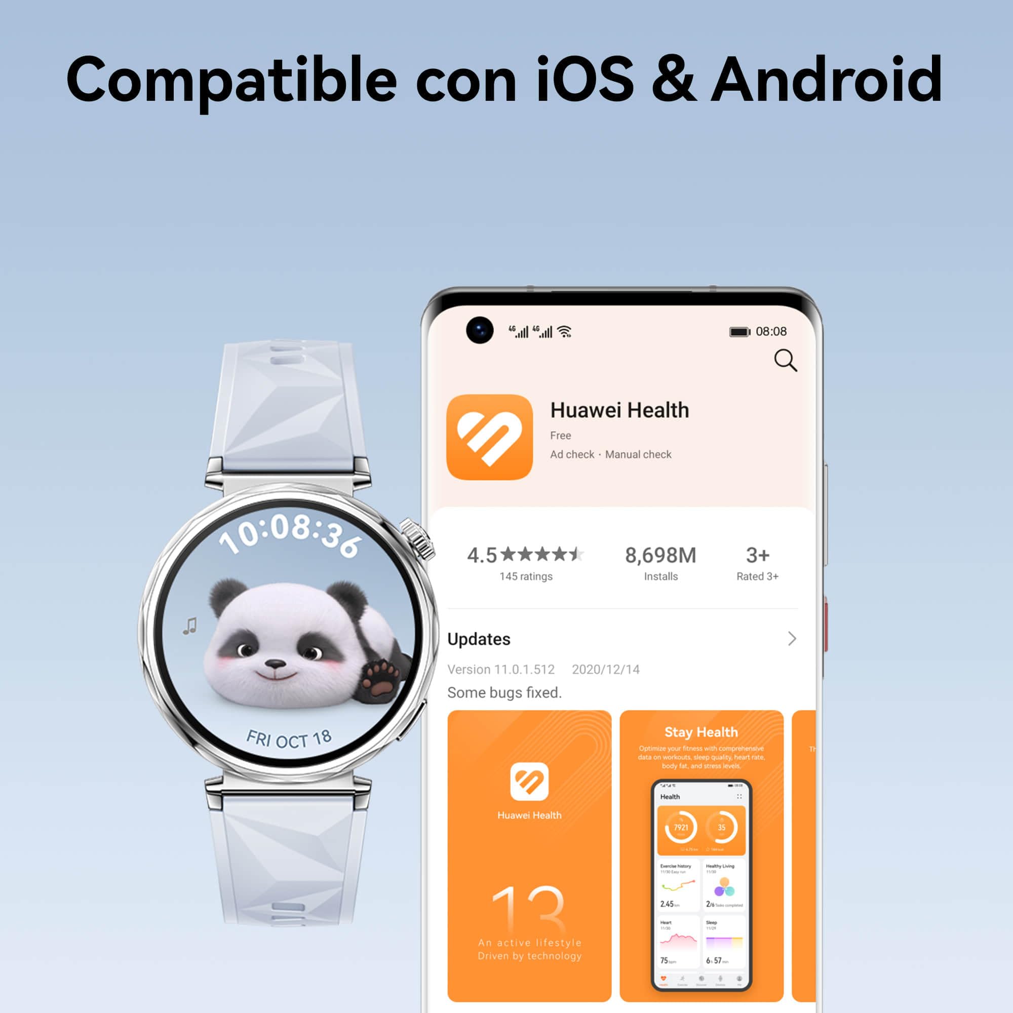 HUAWEI Watch GT 5 junto a la aplicación Huawei Health compatible con iOS y Android.