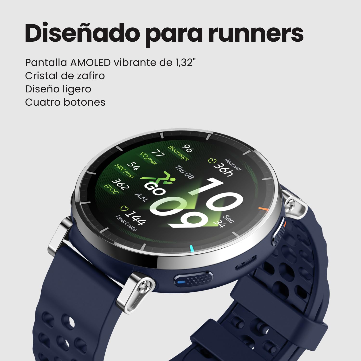 Smartwatch Amazfit Active 3 con pantalla AMOLED y correa azul marino sobre fondo claro, mostrando esfera de running.