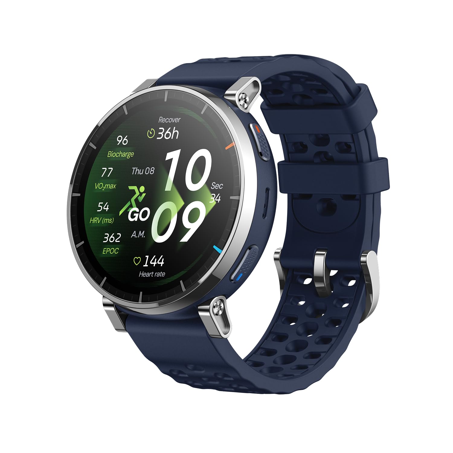 Smartwatch Amazfit Active 3 Premium con correa azul marino y pantalla AMOLED mostrando métricas de entrenamiento running.