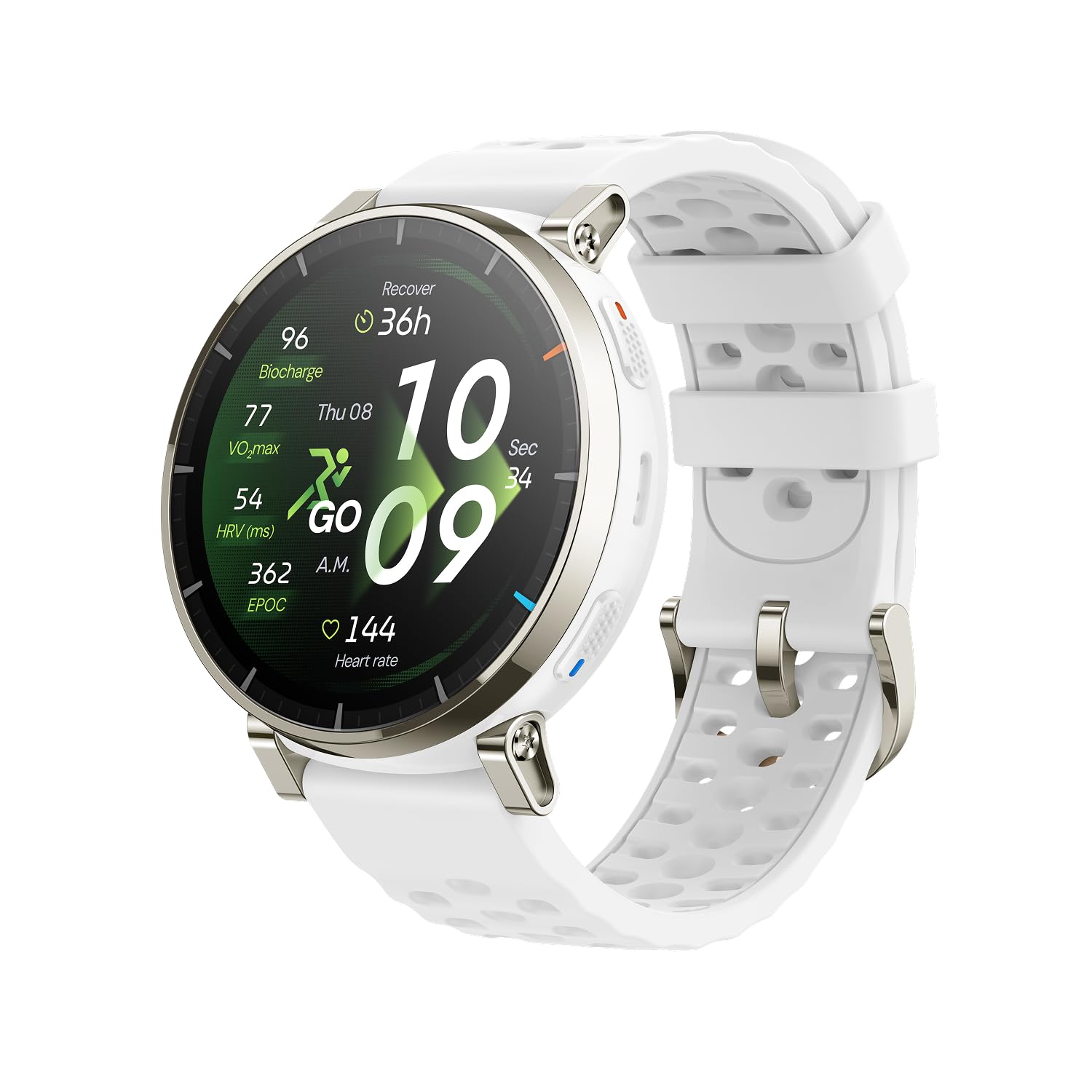Amazfit Active 3 Premium smartwatch blanco con pantalla AMOLED mostrando métricas de running y frecuencia cardíaca sobre fondo blanco.