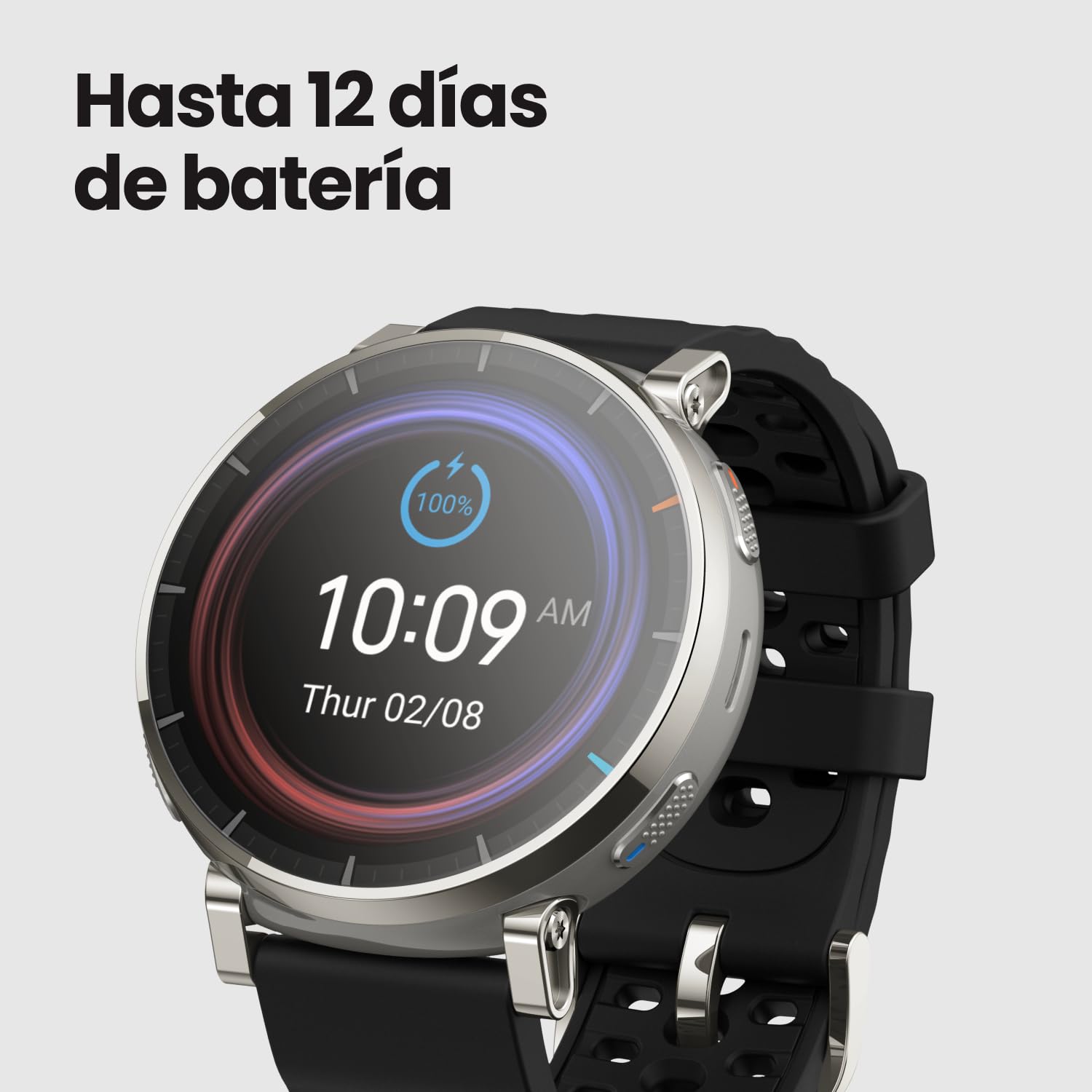 Amazfit Active 3 smartwatch negro con pantalla AMOLED mostrando 100% de batería y hasta 12 días de duración.