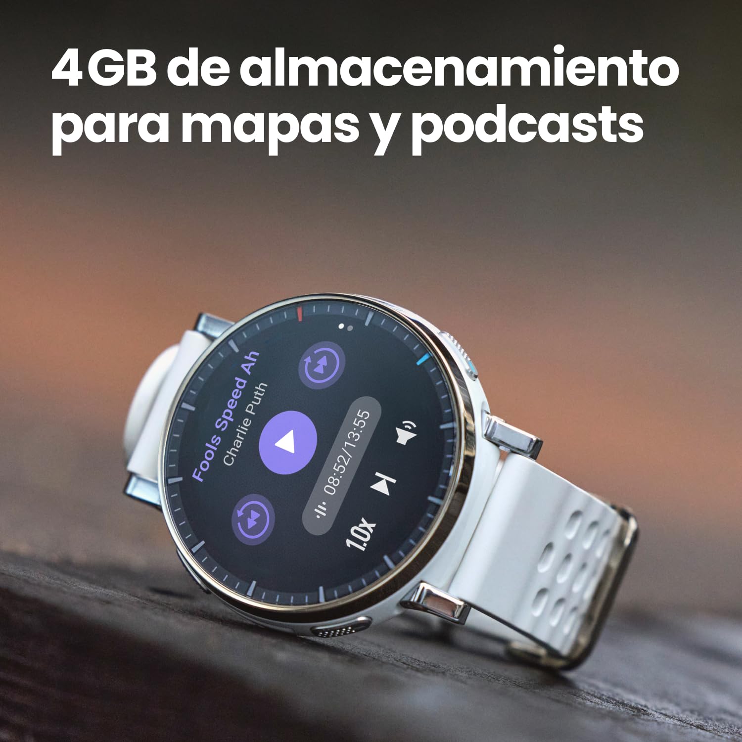 Smartwatch Amazfit Active 3 con correa blanca mostrando reproductor de música en pantalla AMOLED circular.