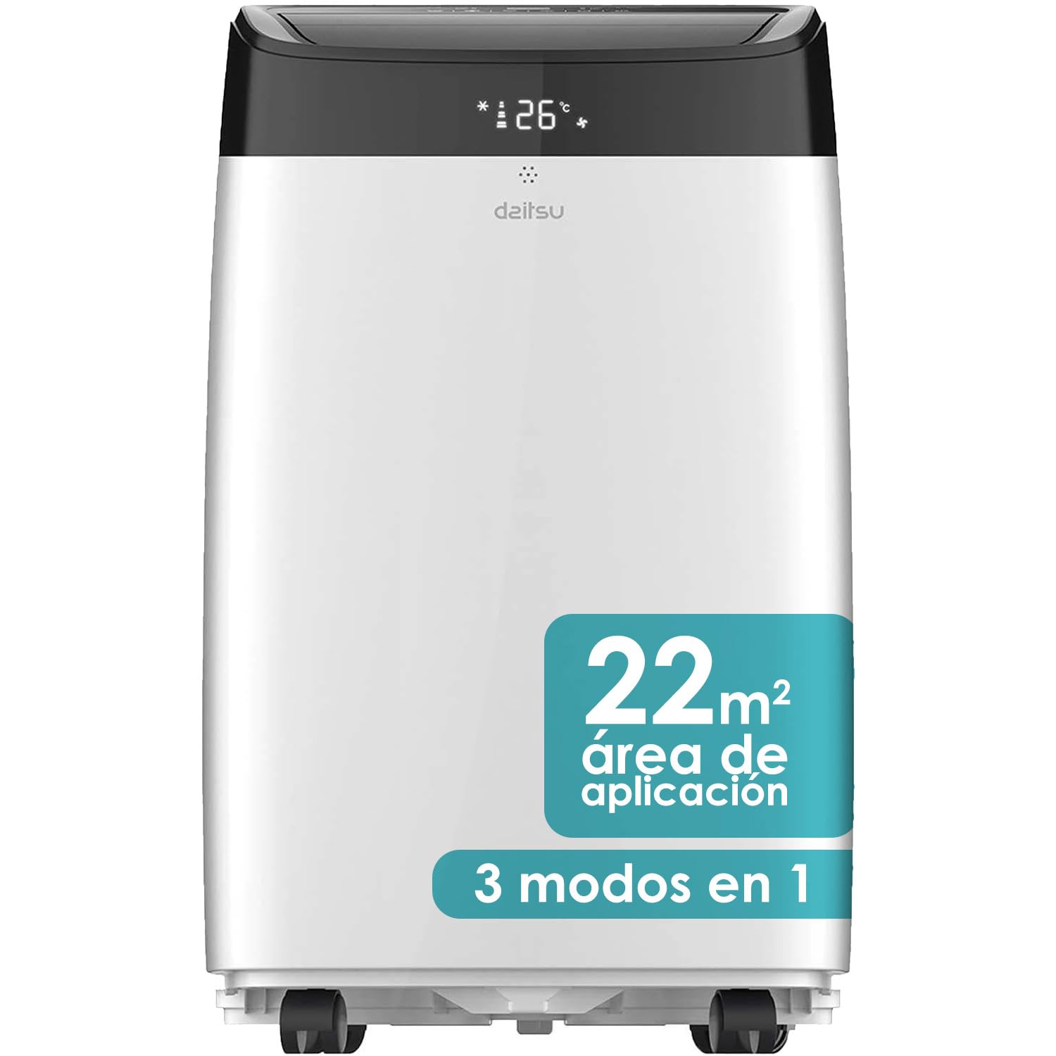 Aire acondicionado portátil Daitsu Alisios Premium con pantalla digital blanca y negra.