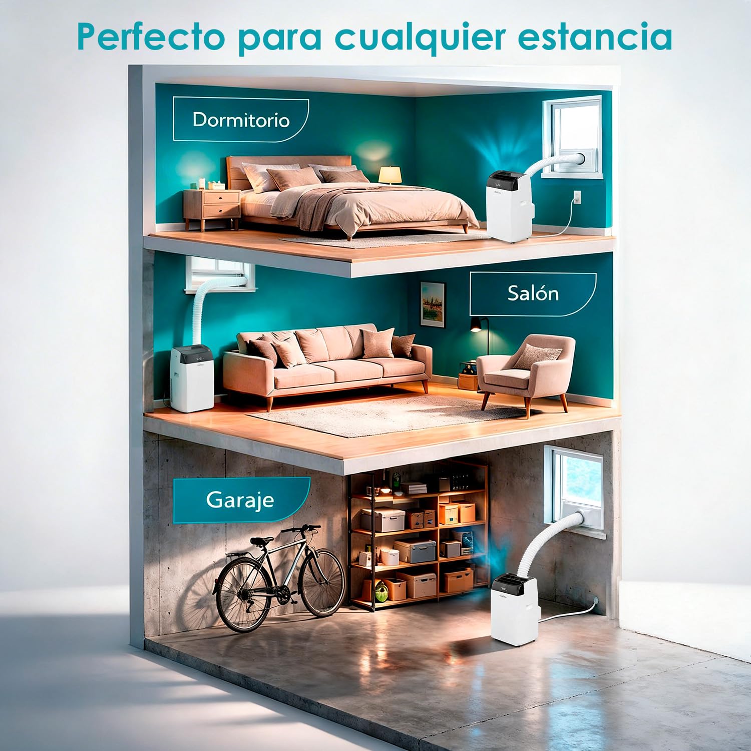 Aire acondicionado portátil Daitsu en dormitorio, salón y garaje moderno