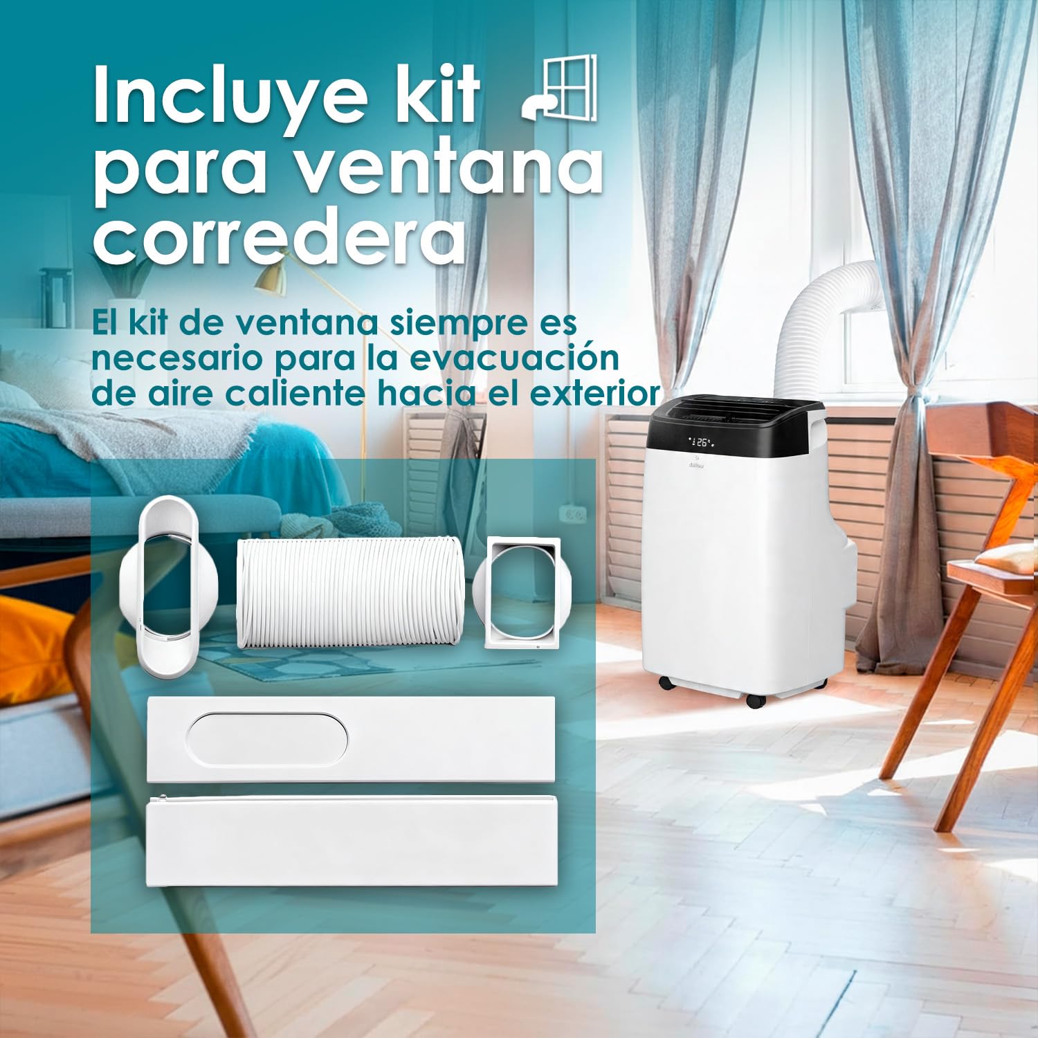 Aire acondicionado portátil Daitsu con kit para ventana corrediza