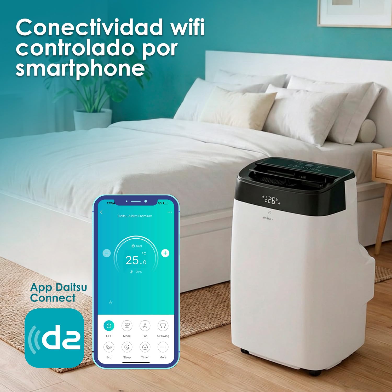 Aire acondicionado portátil Daitsu con control wifi en dormitorio moderno