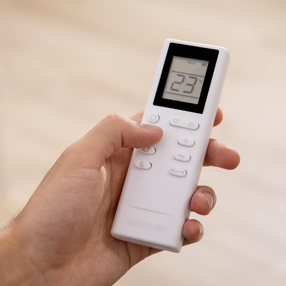Mando a distancia Cecotec aire acondicionado con pantalla y botones.