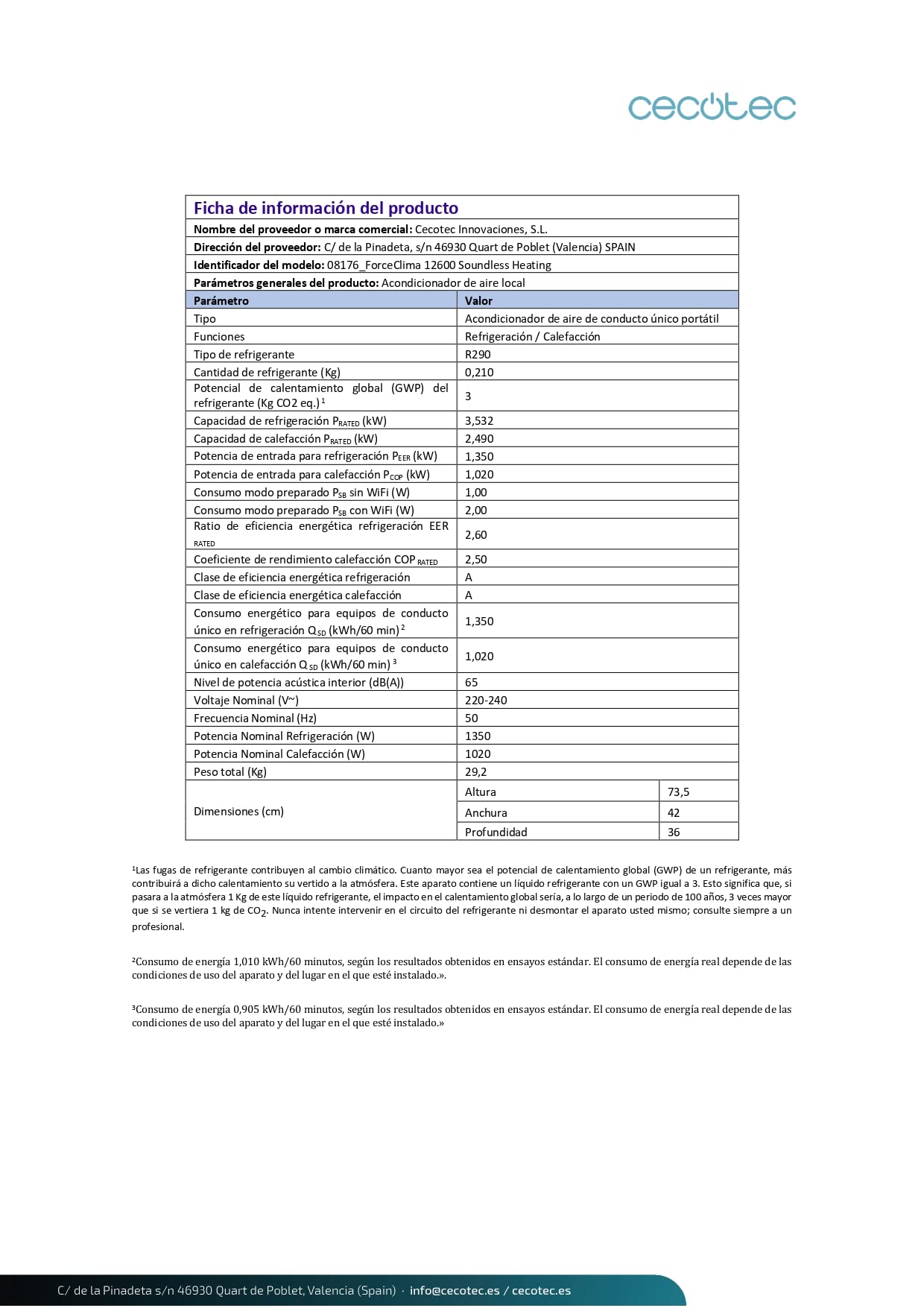 Ficha técnica detallada del aire acondicionado portátil Cecotec ForceClima 12600.