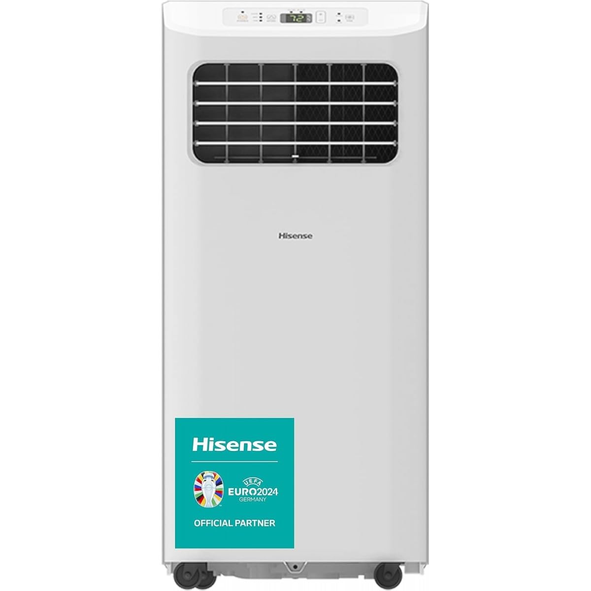 Aire acondicionado portátil Hisense APC07KV con pantalla LED y ruedas.