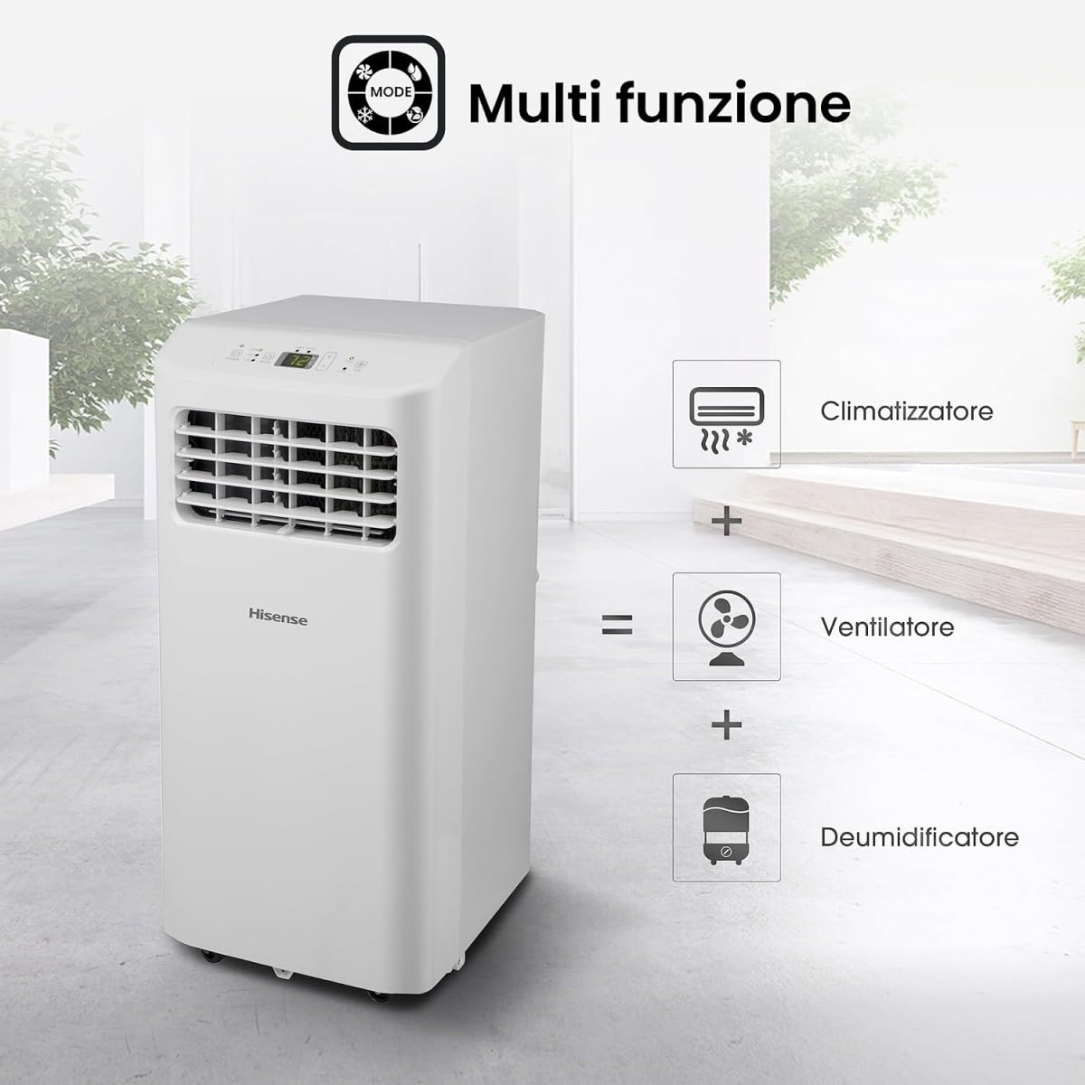 Aire acondicionado portátil Hisense APC07KV multifunción en ambiente moderno