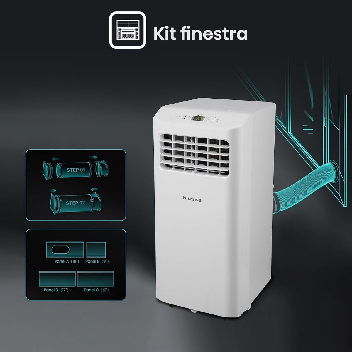 Aire acondicionado portátil Hisense APC07KV con kit ventana y montaje ilustrado