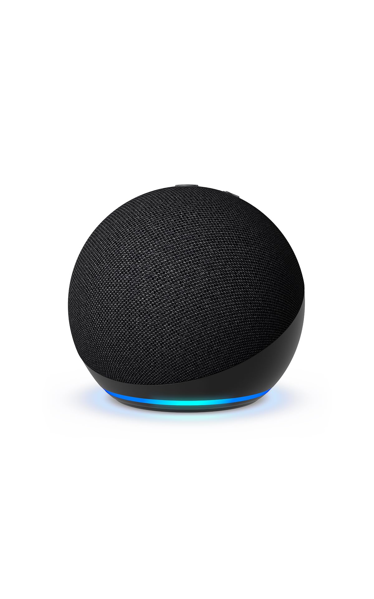 Echo Dot negro última generación con luz azul en base sobre fondo blanco