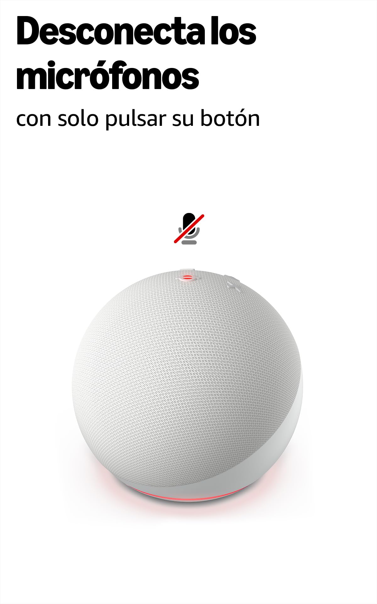 Echo Dot blanco con botón micrófono apagado en fondo blanco
