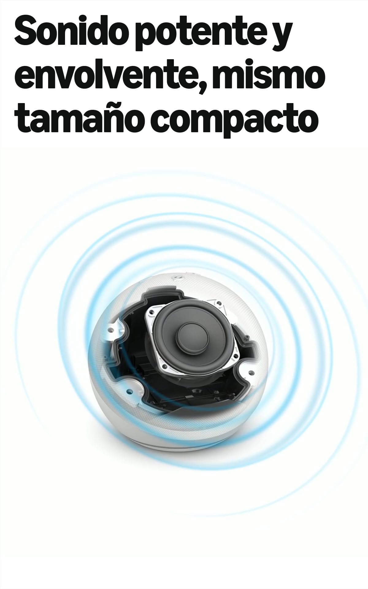 Echo Dot abierto mostrando altavoz interno y ondas sonoras azules