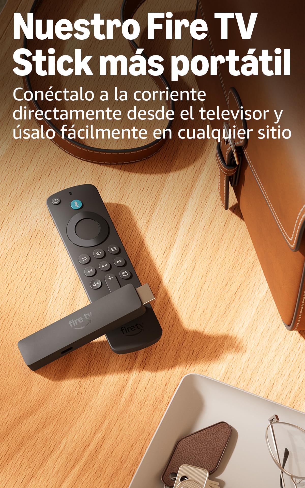 Amazon Fire TV Stick HD con mando en escritorio de madera