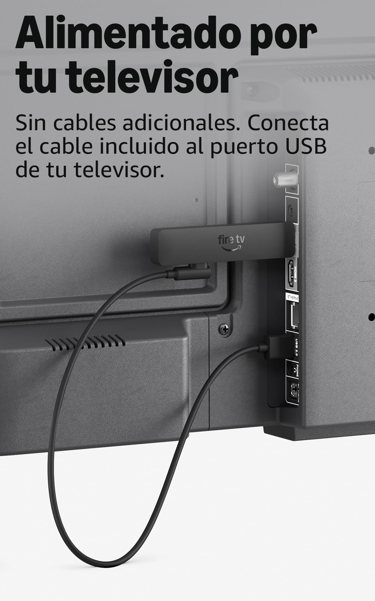 Fire TV Stick HD conectado y alimentado por USB en televisor