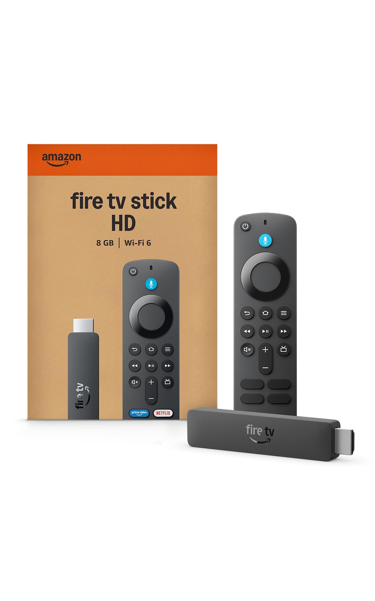 Fire TV Stick HD con mando y caja sobre fondo blanco