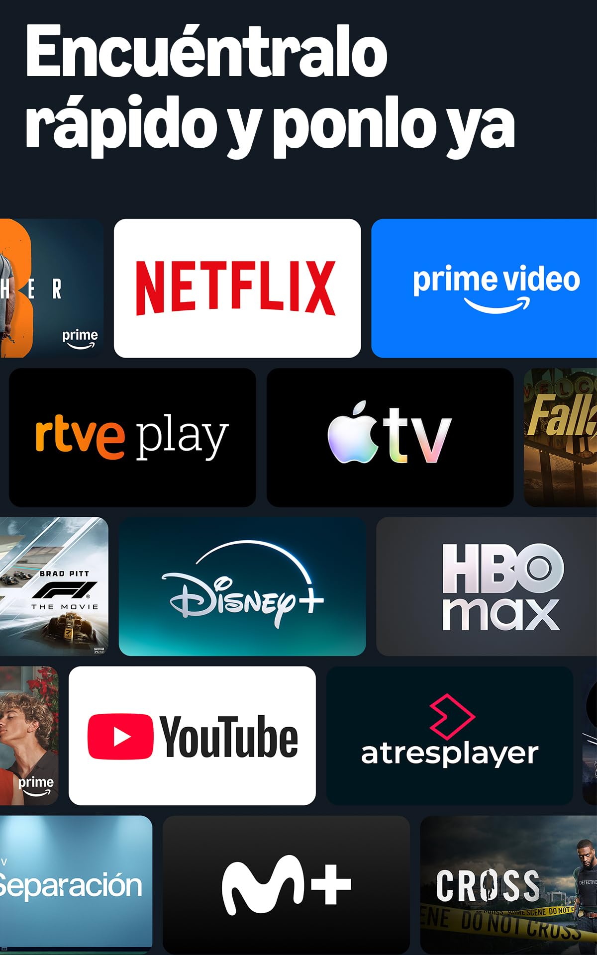 Pantalla con logos de Netflix, Prime Video, Disney+ y más servicios streaming
