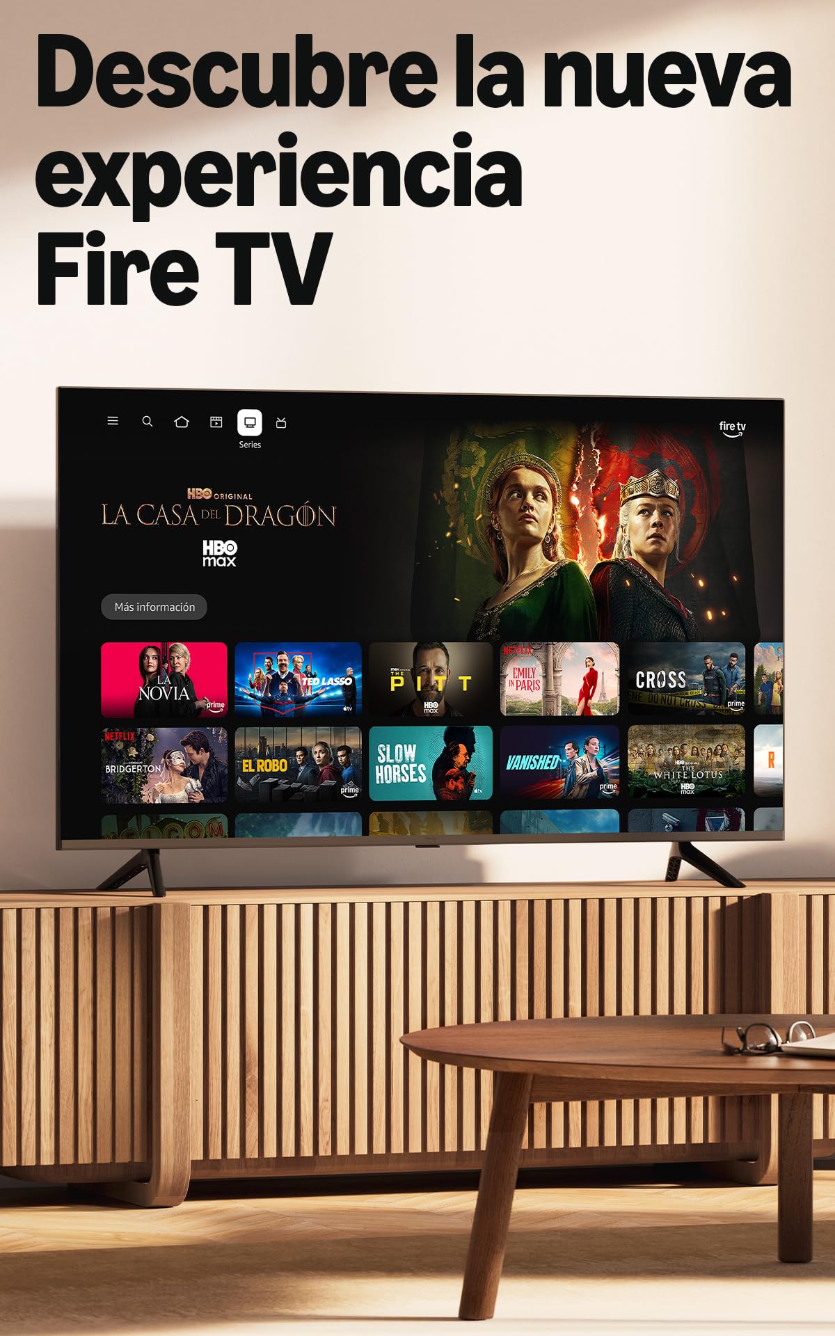 Televisor con nueva experiencia Fire TV mostrando series populares