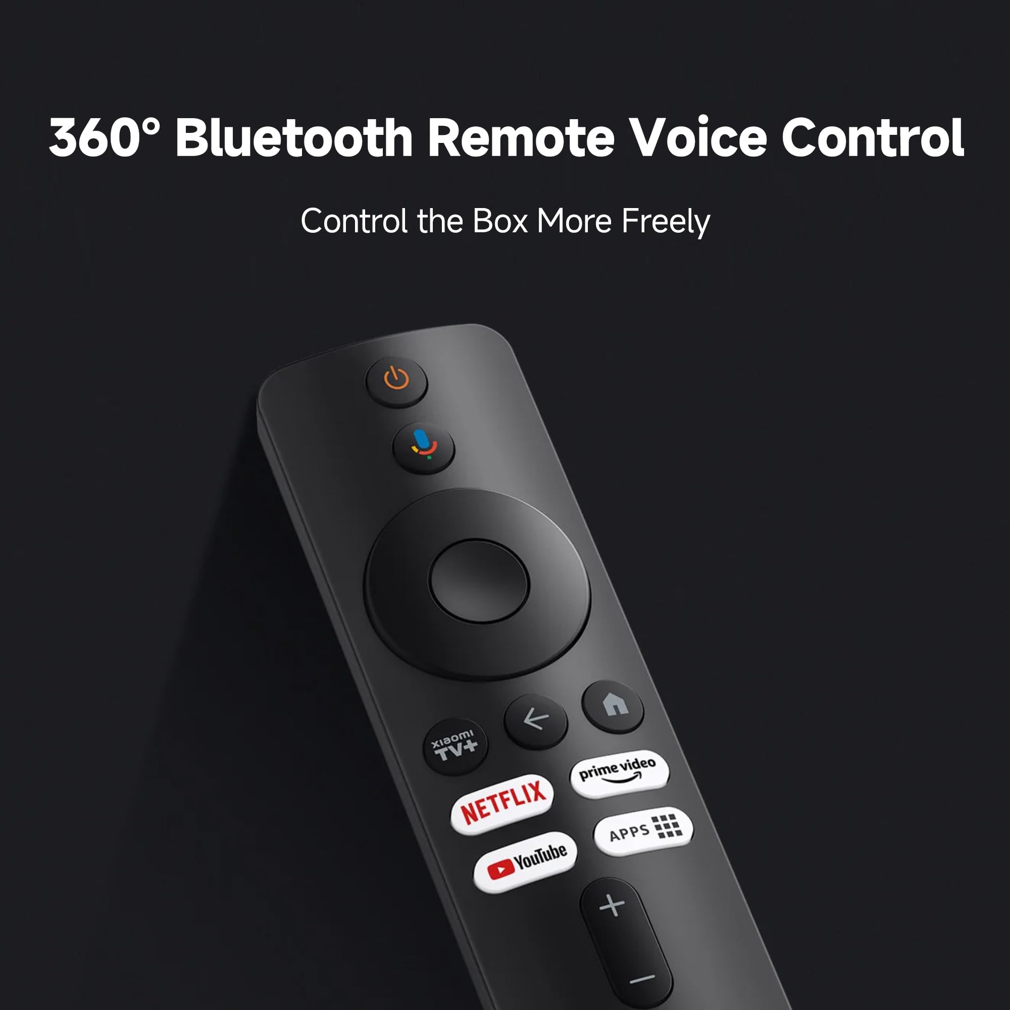 Mando a distancia negro con botones de streaming y control por voz Bluetooth.
