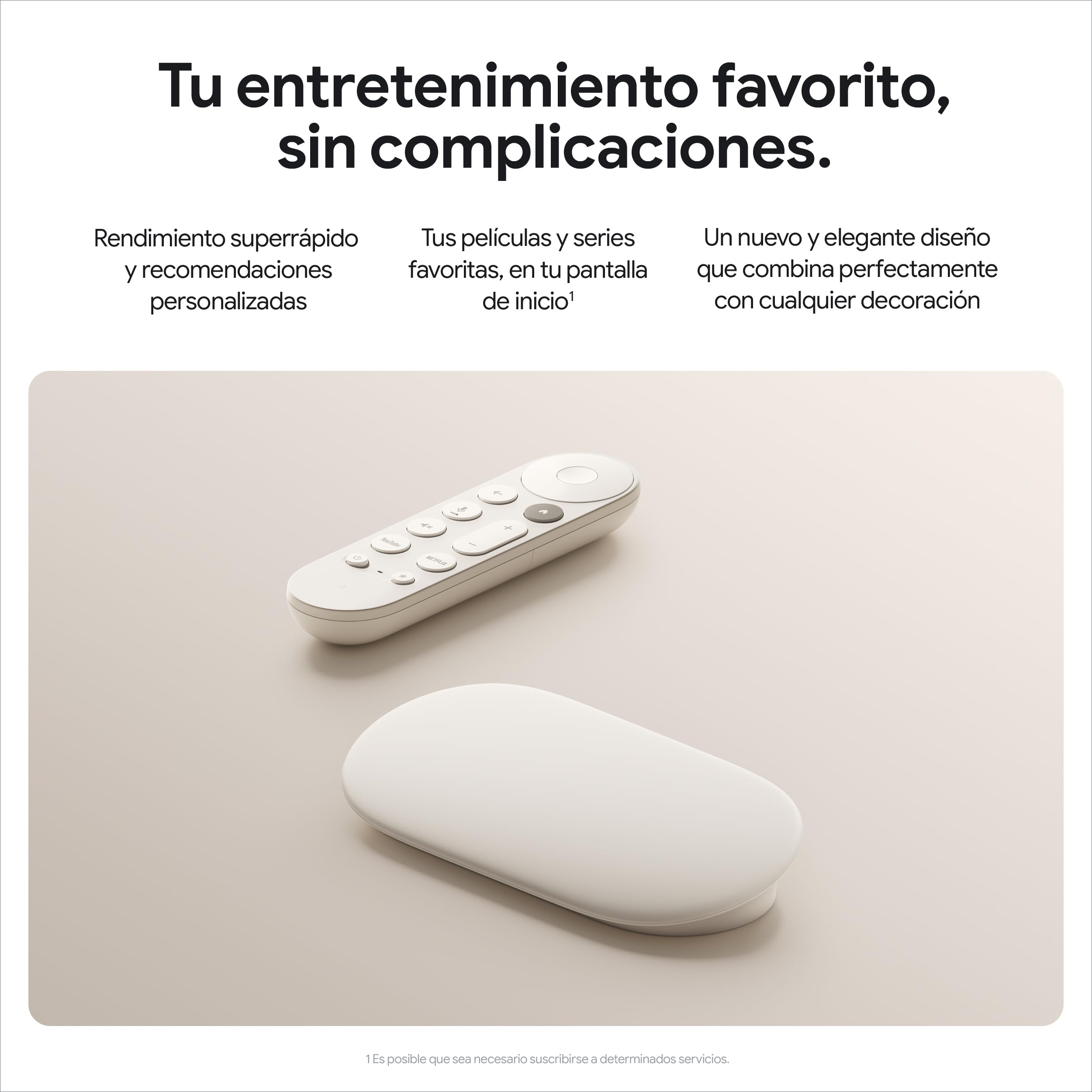 Google TV Streamer 4K con control remoto porcelana sobre fondo neutro.
