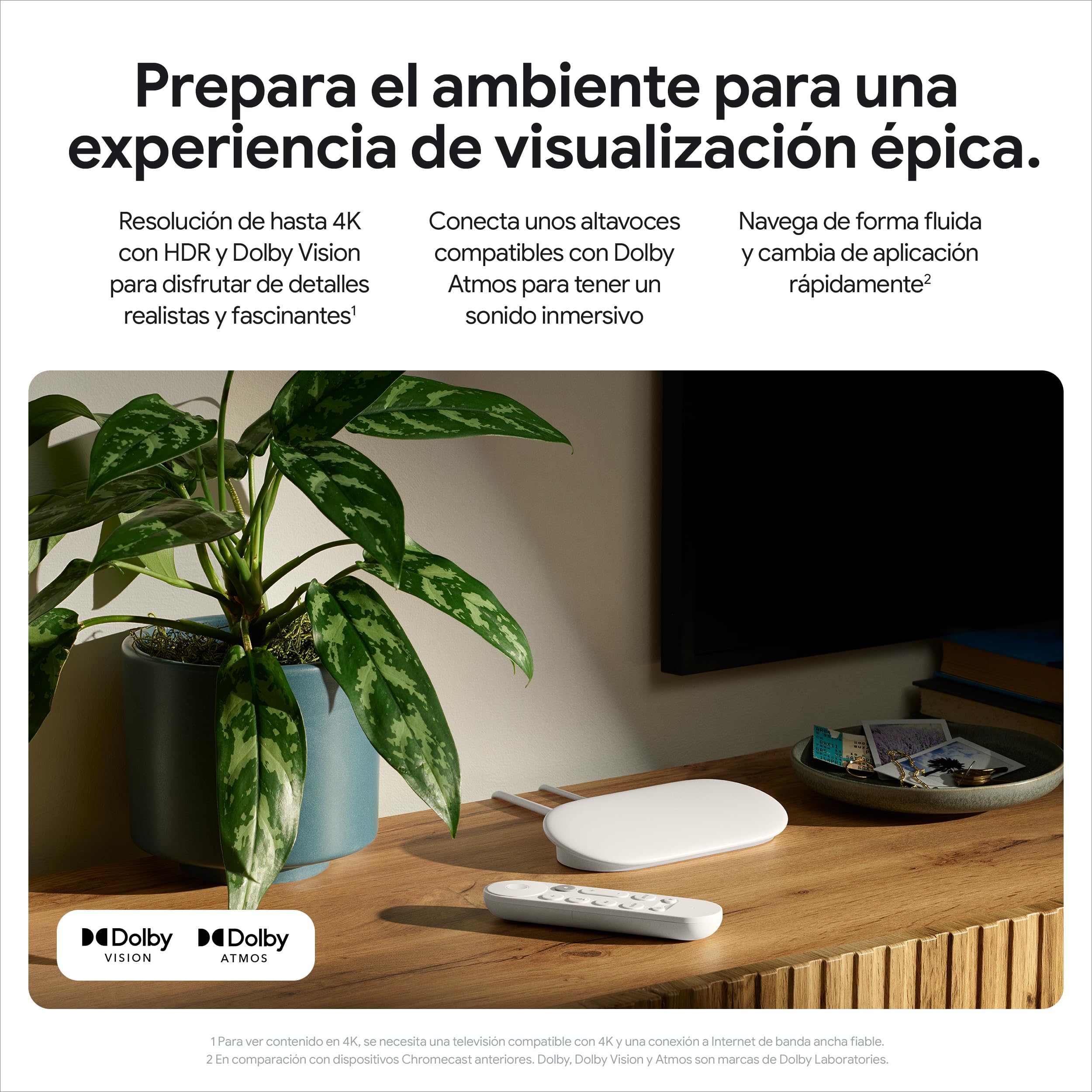 Google TV Streamer 4K con control remoto sobre mueble de madera