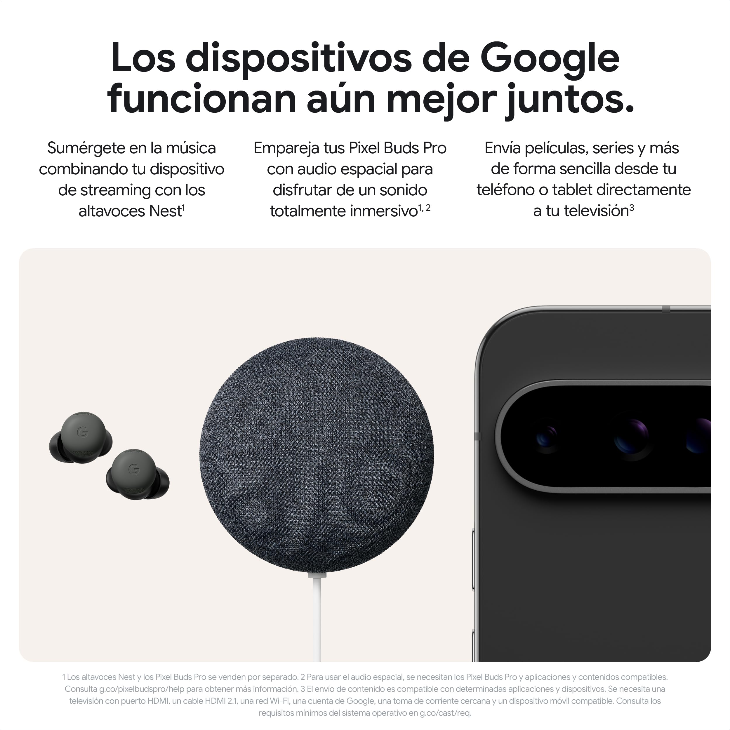 Dispositivos Google Nest Mini, Pixel Buds Pro y cámara Pixel juntos