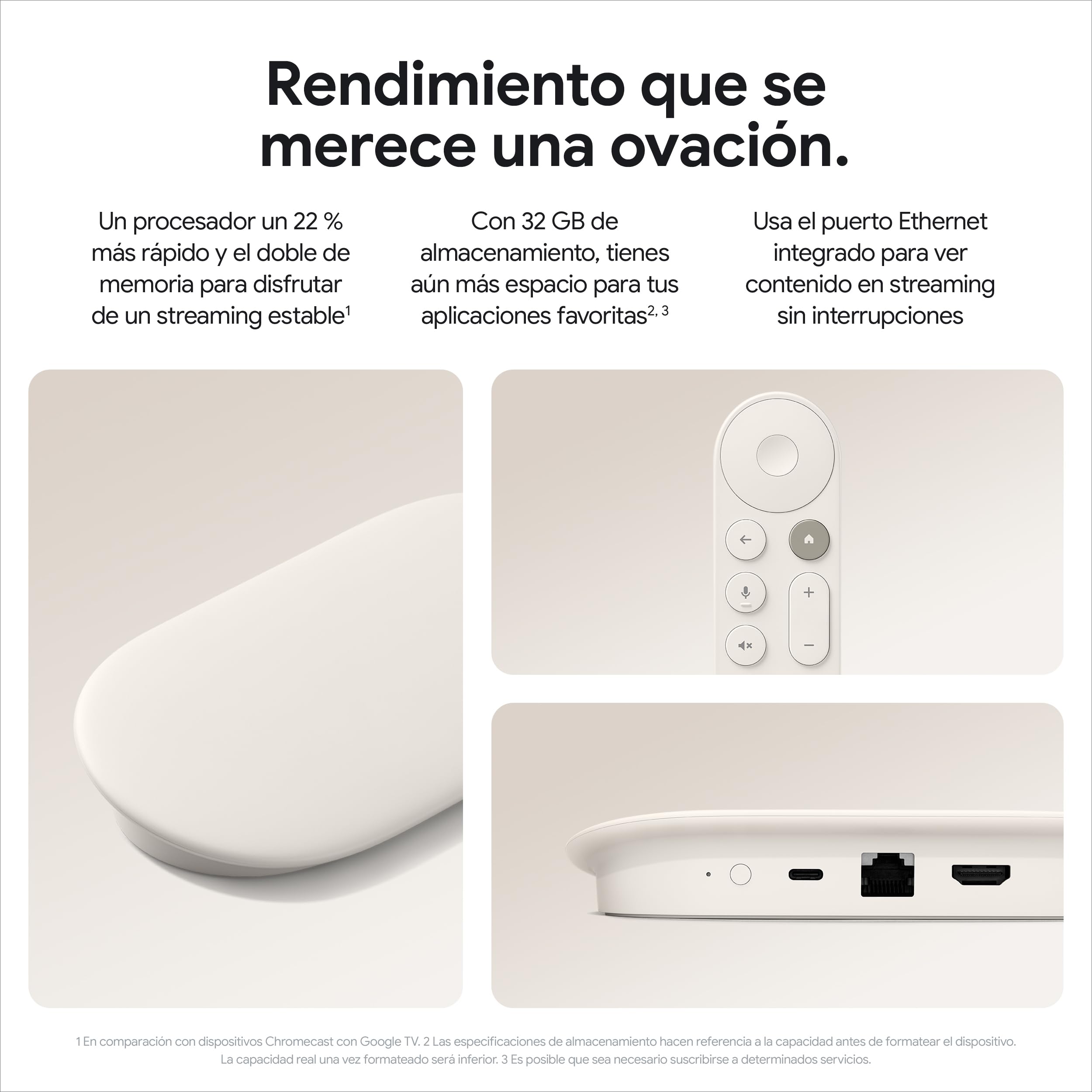Google TV Streamer 4K con mando y puertos, diseño porcelana elegante.