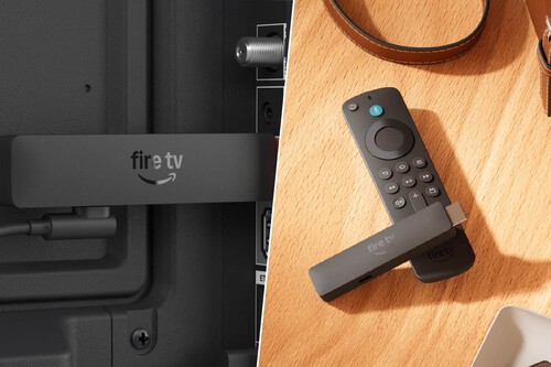 Fire TV conectado a TV con mando en mesa de madera