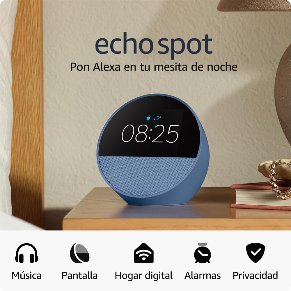 Echo Spot azul en mesita de noche con pantalla y reloj digital.