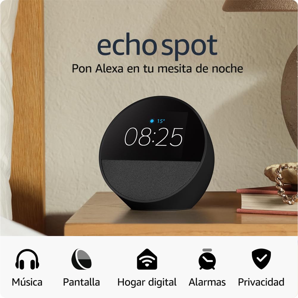 Echo Spot negro en mesita de noche mostrando hora y temperatura