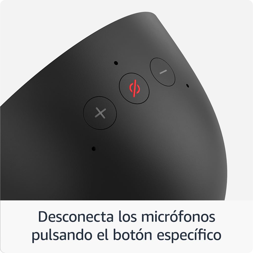 Detalle botones Amazon Echo Spot, botón micrófono desactivado rojo.