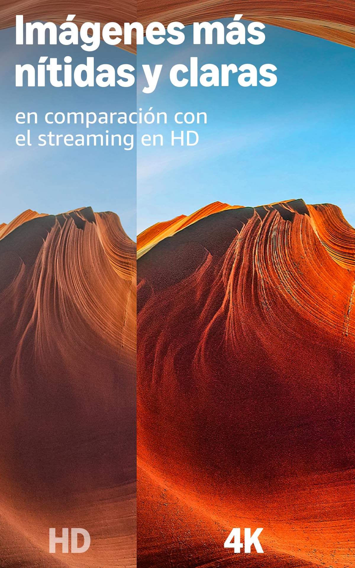 Comparación visual de calidad HD y 4K en paisaje rocoso con colores vibrantes