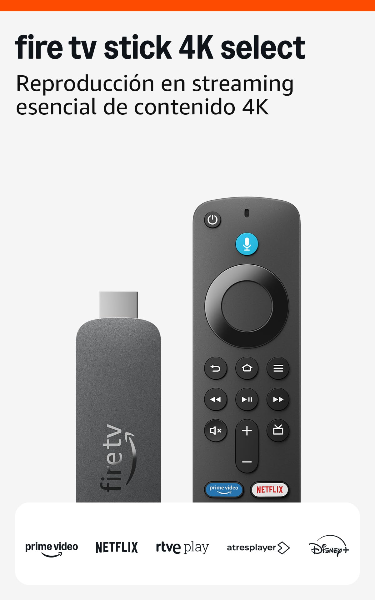 Amazon Fire TV Stick 4K Select con control remoto y logos de plataformas streaming