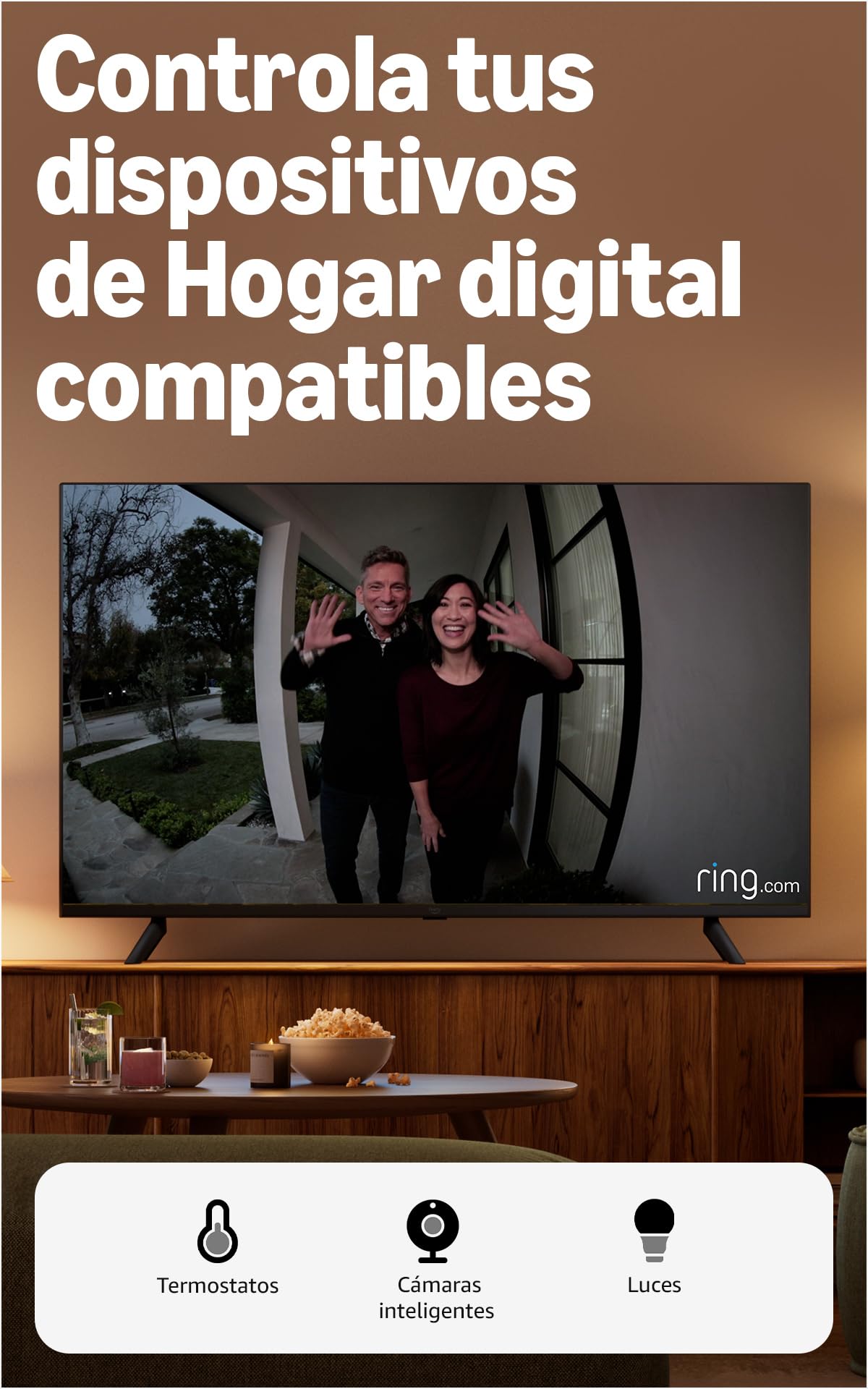 Televisor mostrando cámara Ring y control de hogar digital con Alexa