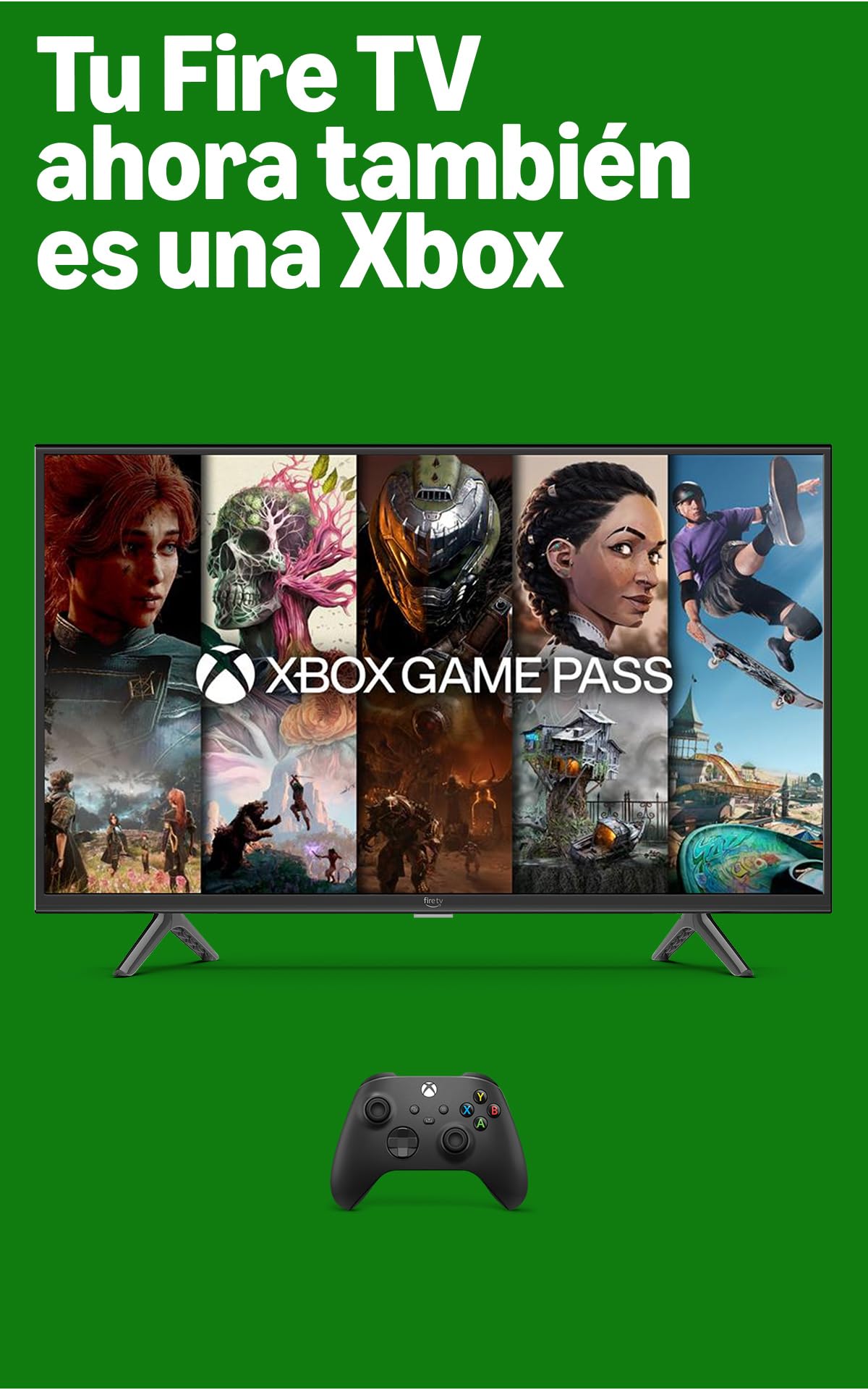 Televisor con Xbox Game Pass y mando sobre fondo verde