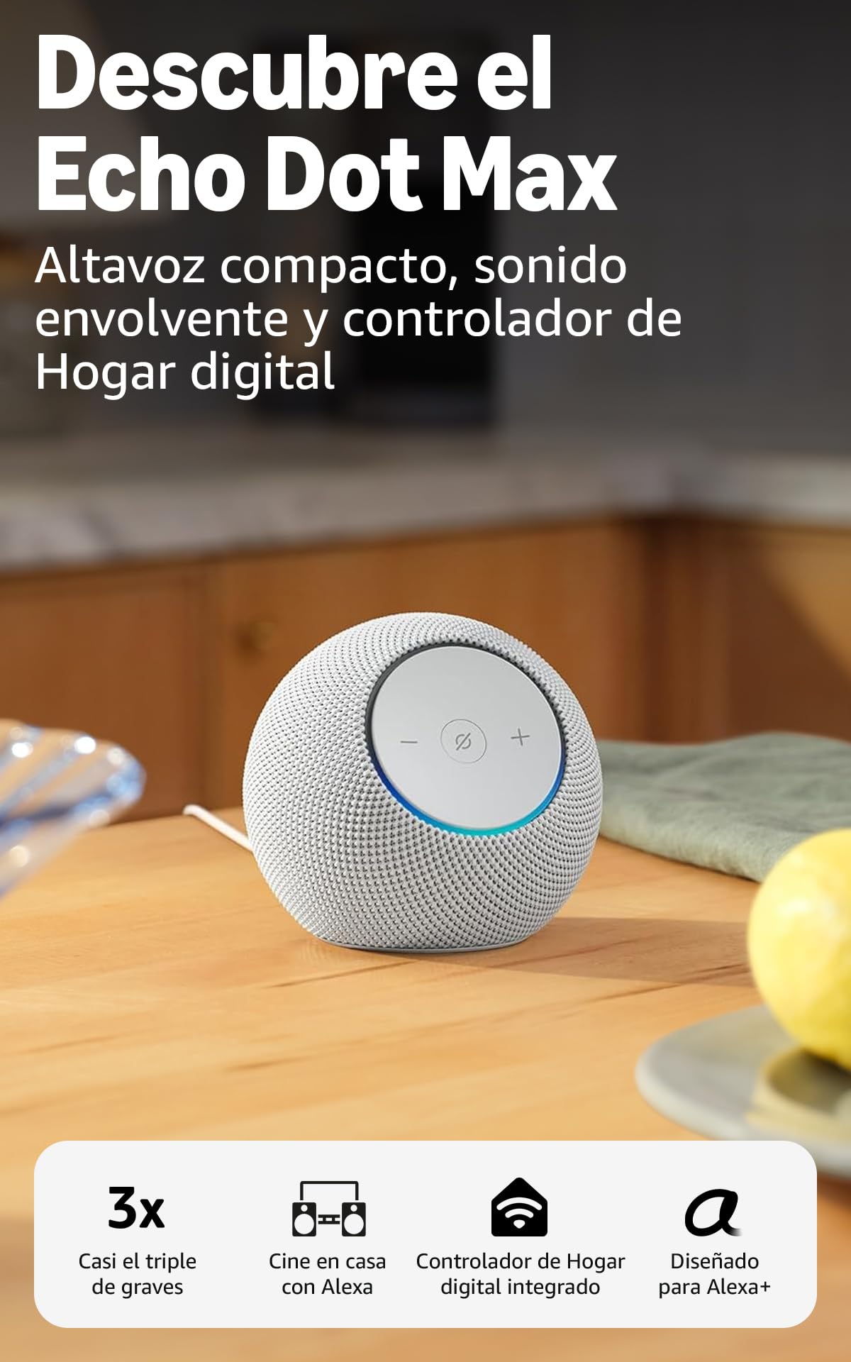 Amazon Echo Dot Max altavoz blanco en cocina moderna control hogar digital