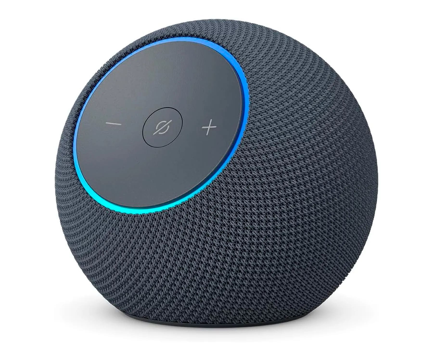 Altavoz inteligente gris oscuro con luz azul y controles táctiles