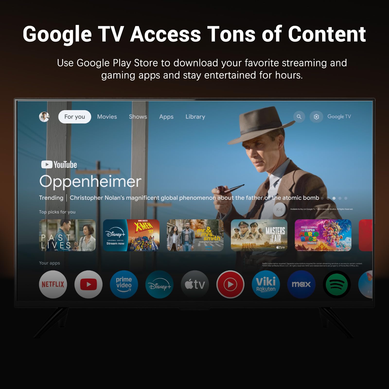 Pantalla TV con interfaz Google TV y apps de streaming populares