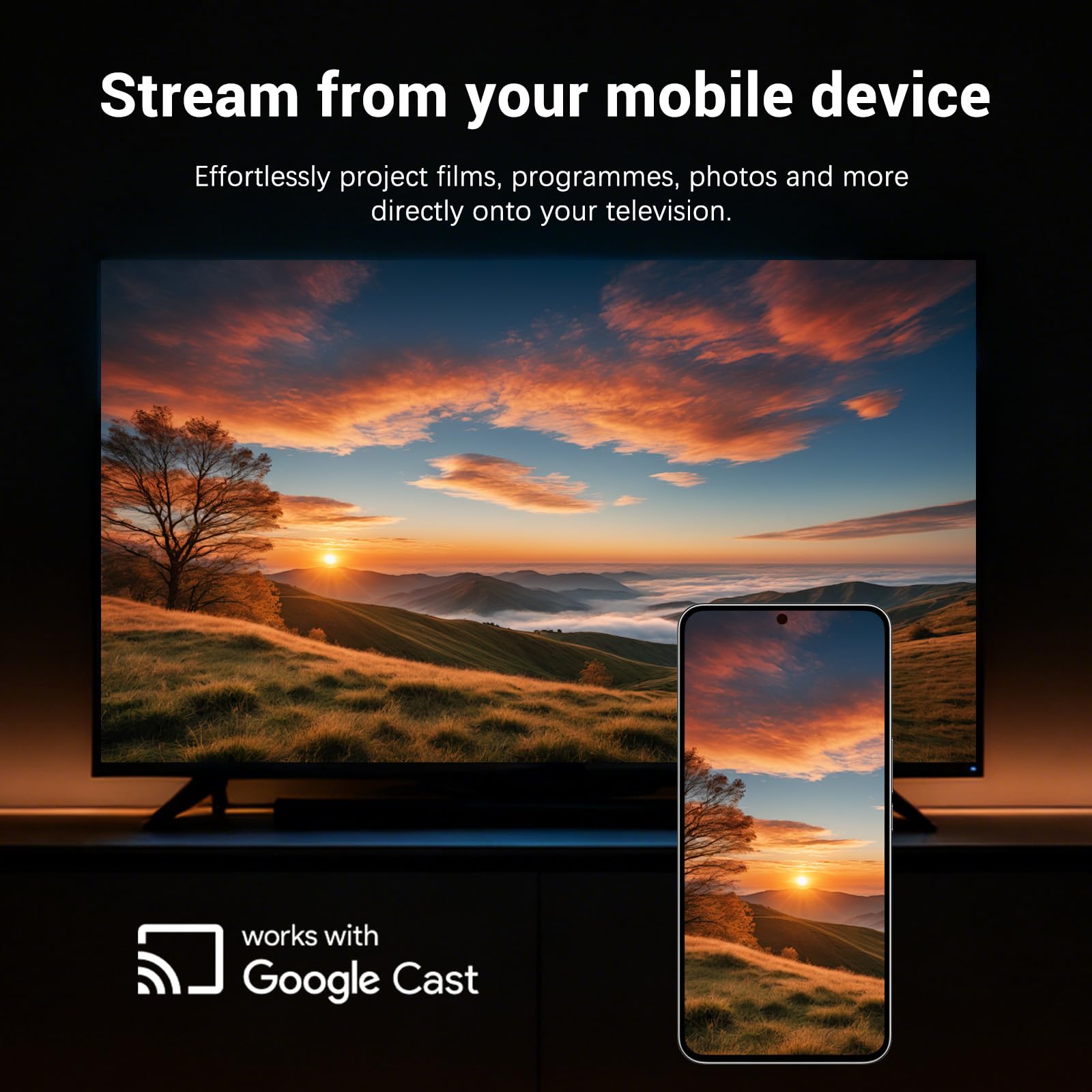 Televisor y móvil transmitiendo paisaje con Google Cast