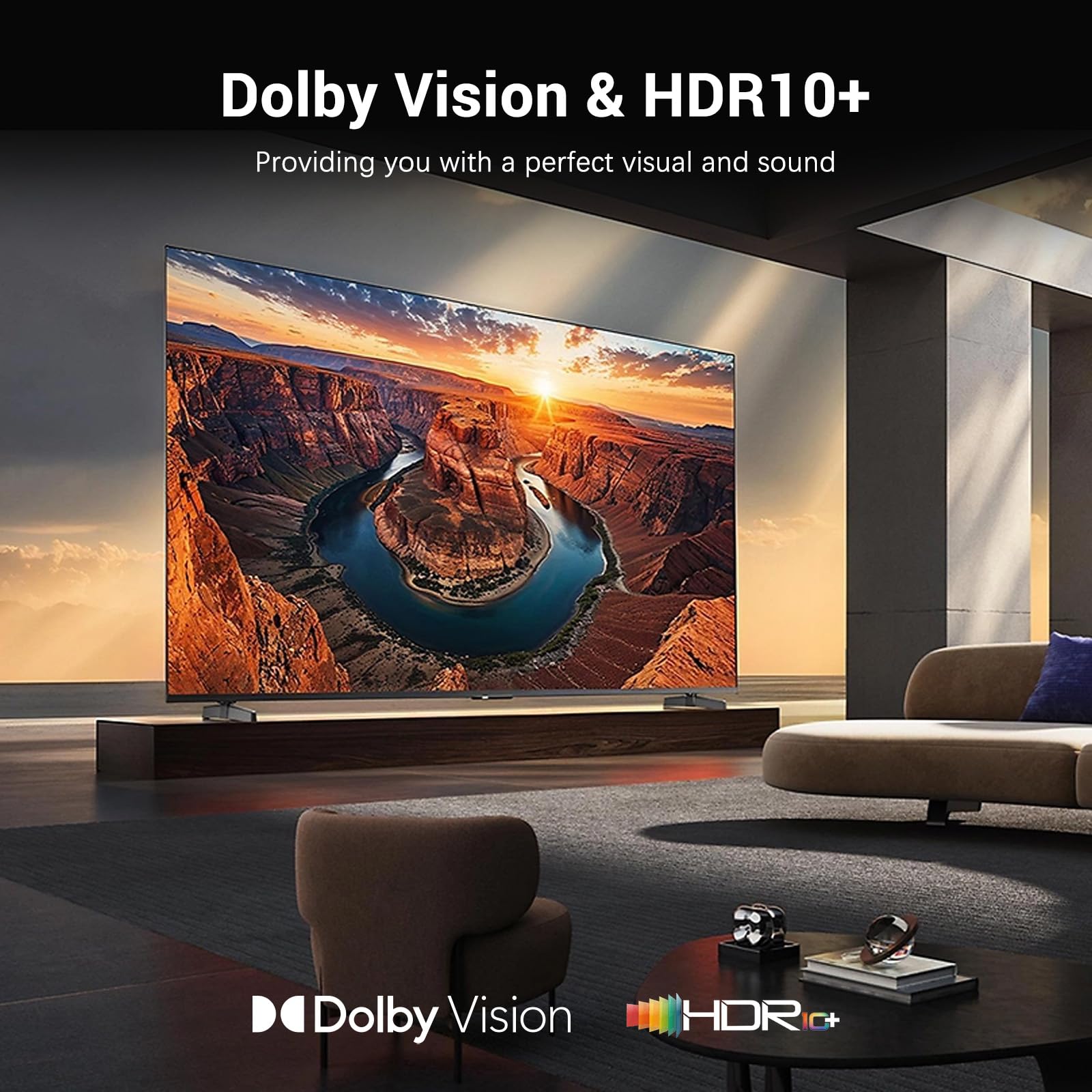 Televisión con imagen vibrante mostrando Dolby Vision y HDR10+
