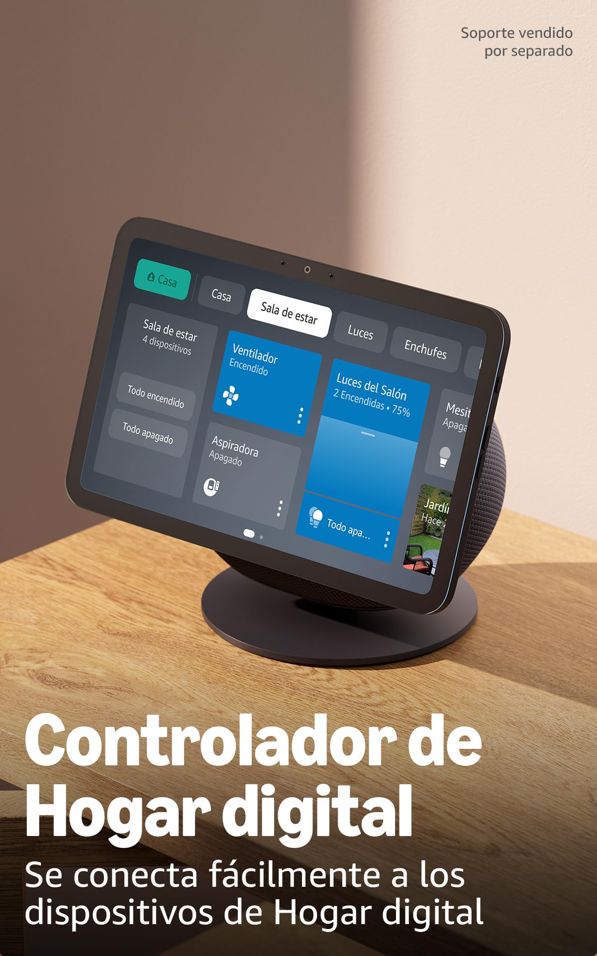 Amazon Echo Show 8 controlando dispositivos de hogar digital desde pantalla táctil.