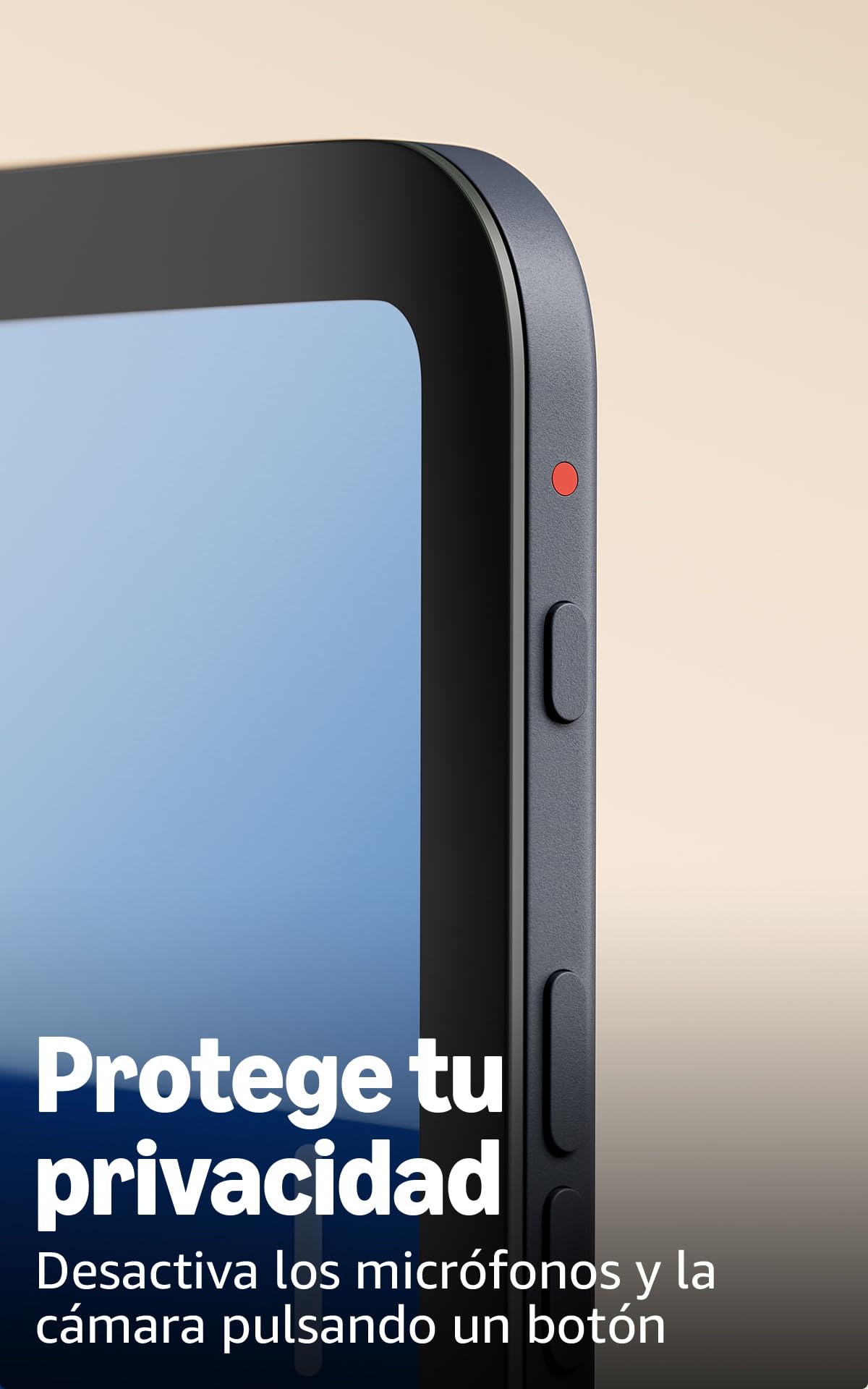 Lateral del Amazon Echo Show 8 con botón privacidad y luz roja activa