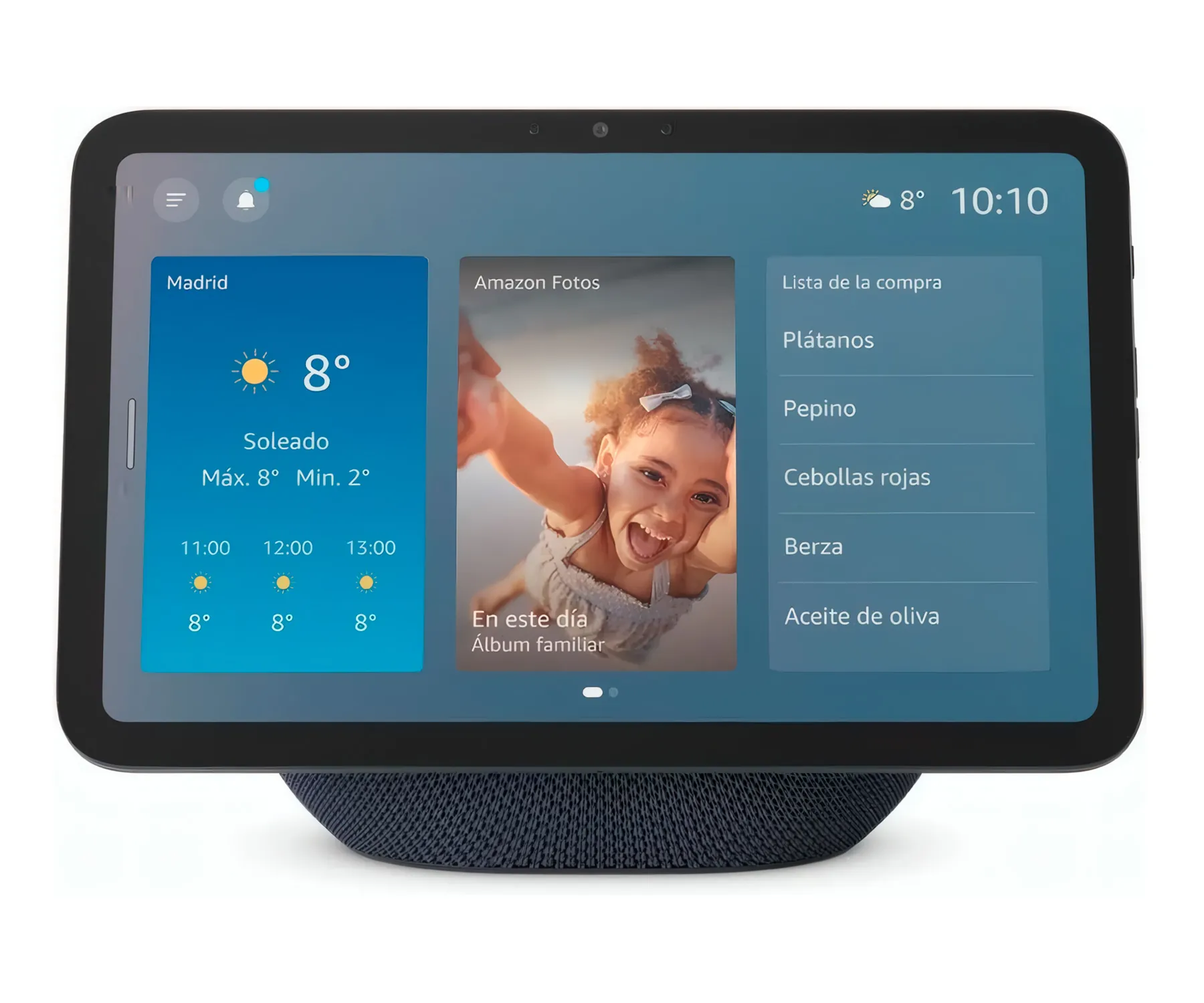 Dispositivo inteligente con pantalla mostrando clima y lista de compras