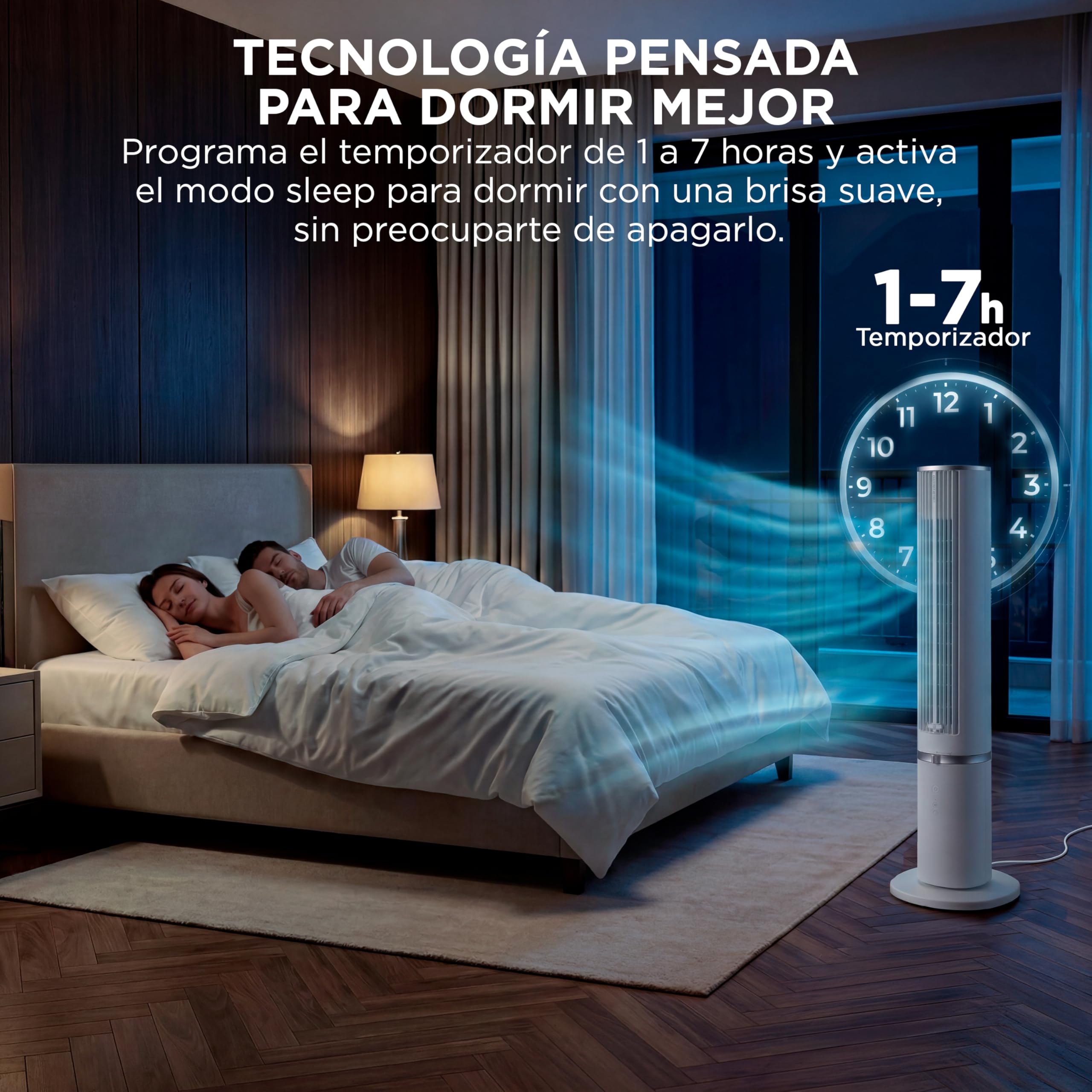 Mujer limpiando ventilador torre Midea fácilmente desmontable.