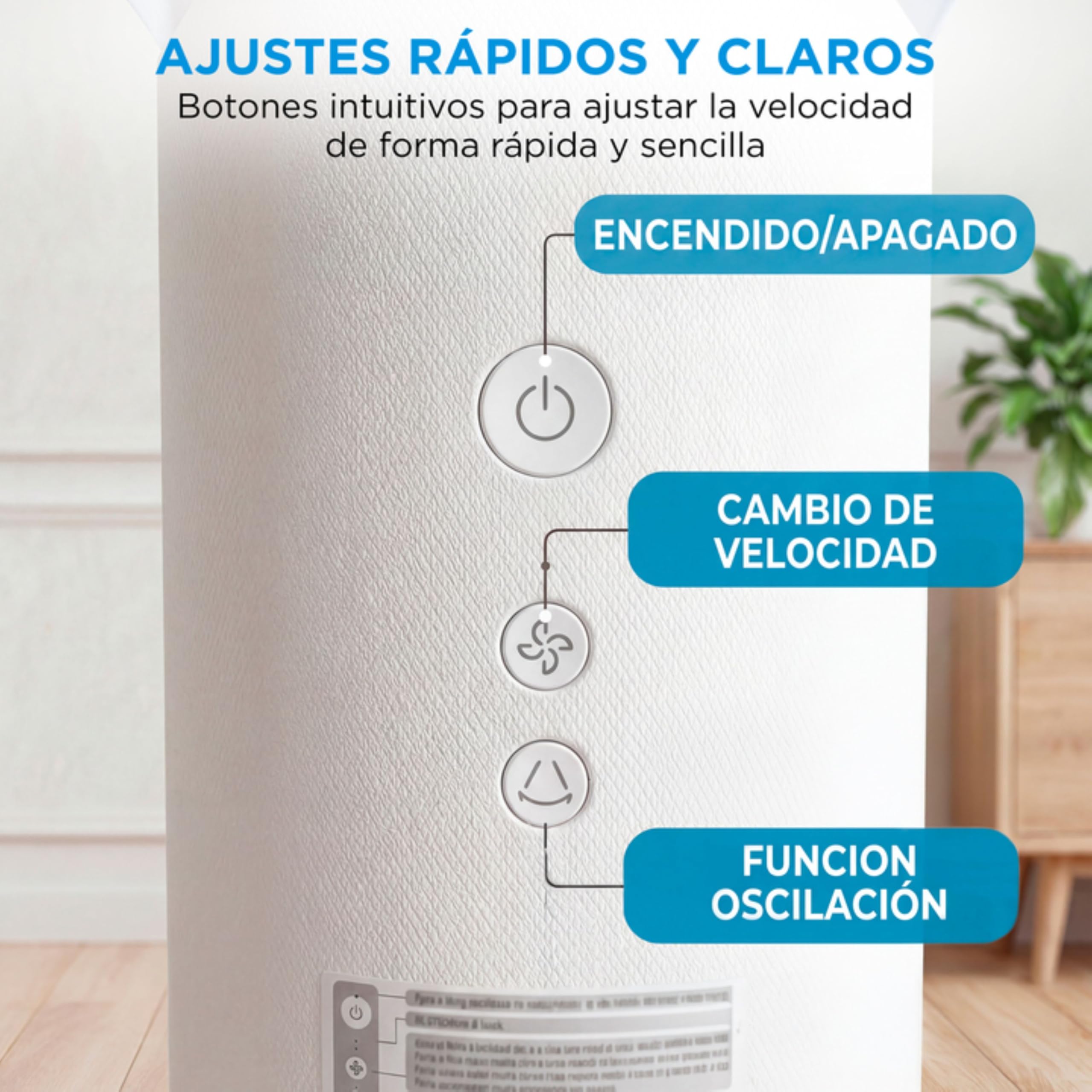 Botones intuitivos ventilador Midea para encendido, velocidad y oscilación.